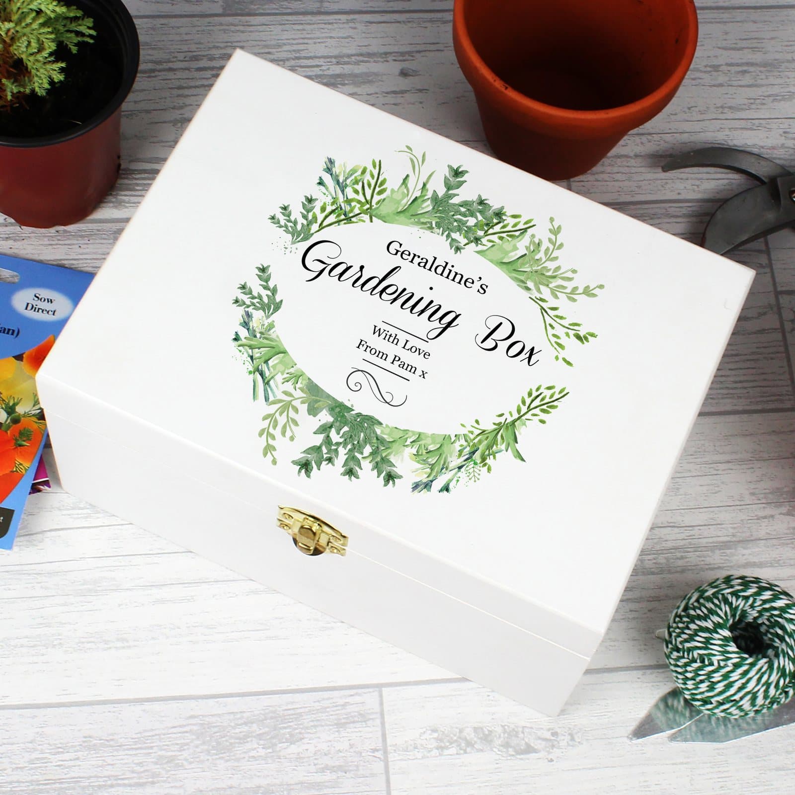 White hand painted wooden keepsake box with personalised text
