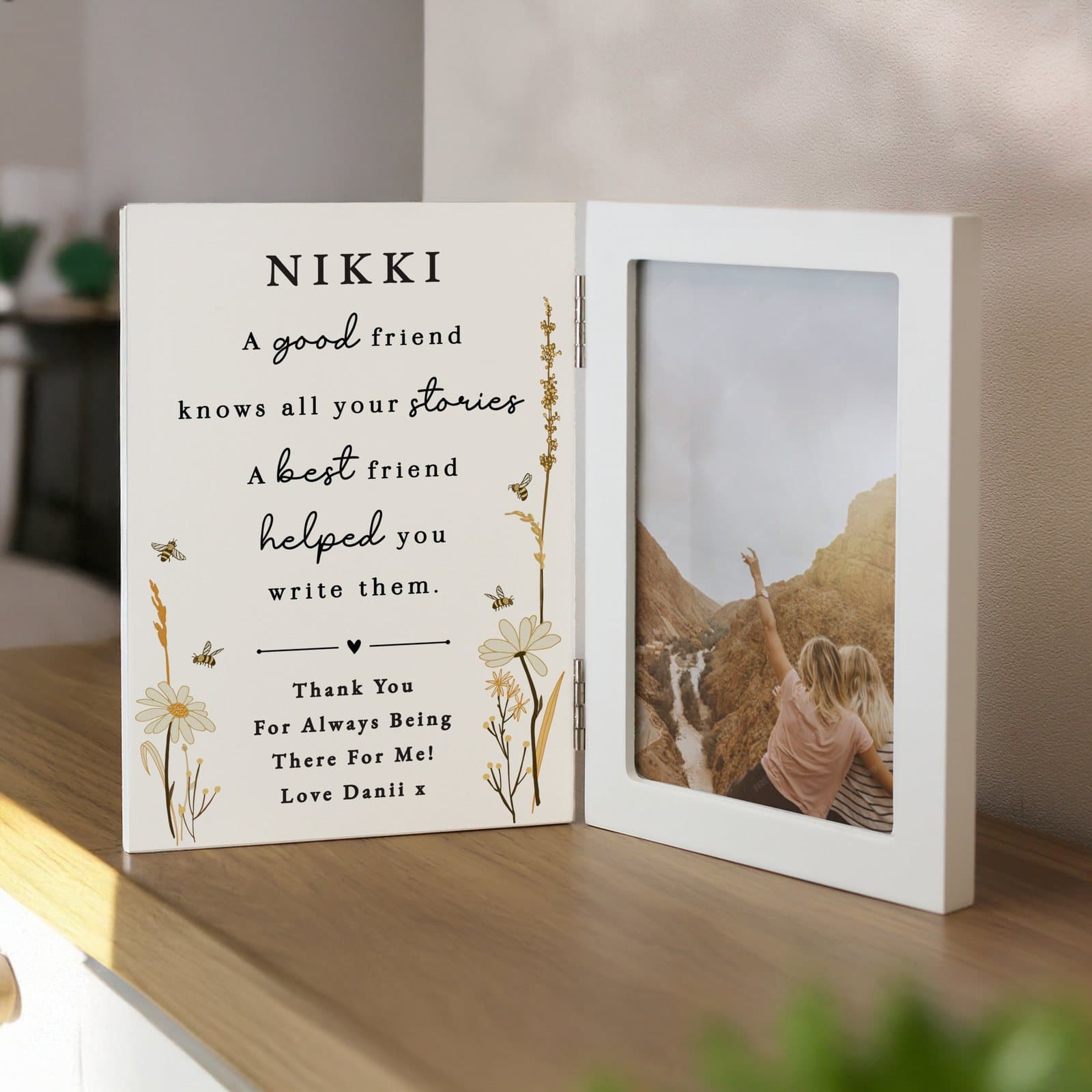 Hinged wooden friend photo frame with a friendship quote and personalised lines