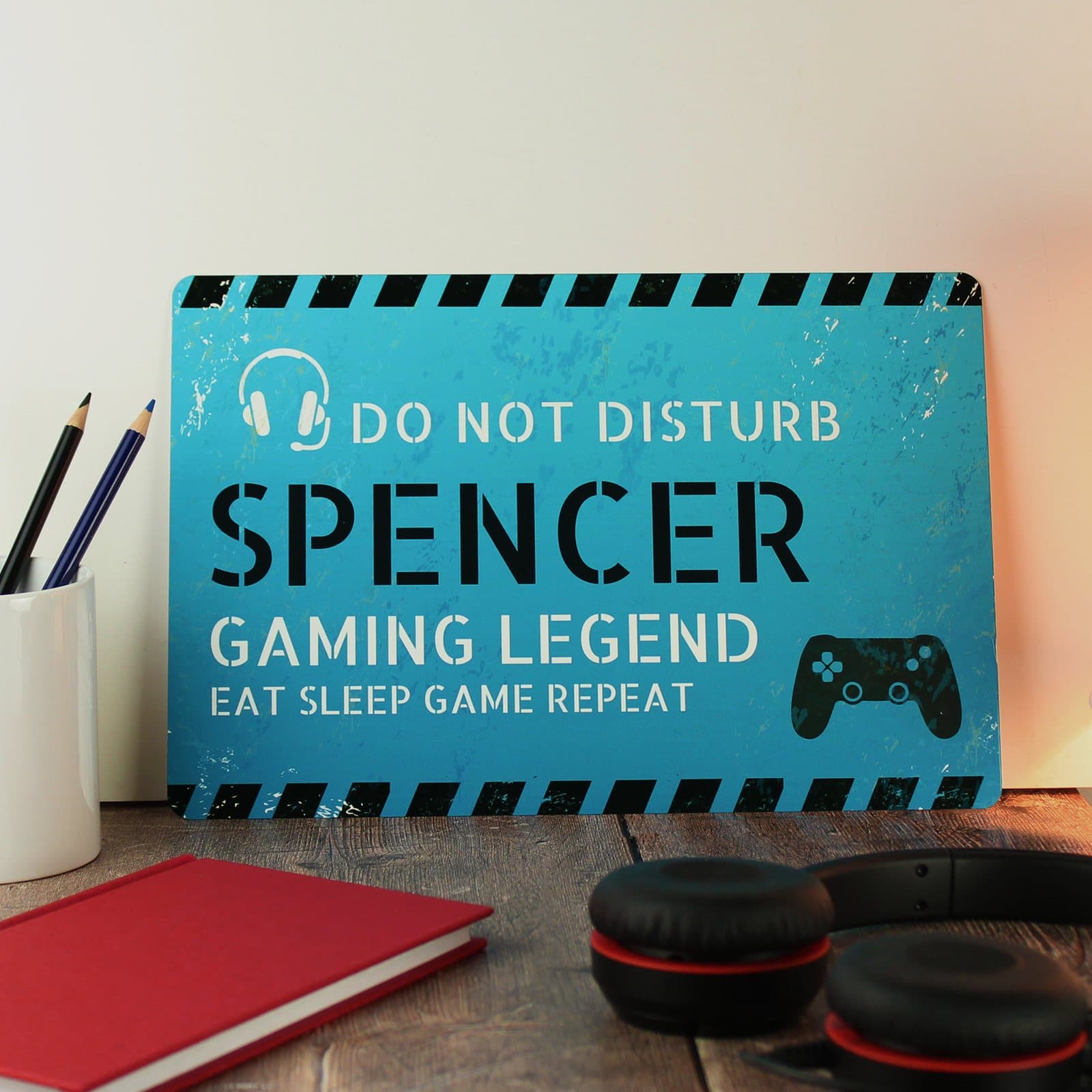 Personalised aluminium gamer Do Not Disturb sign with custom text lines