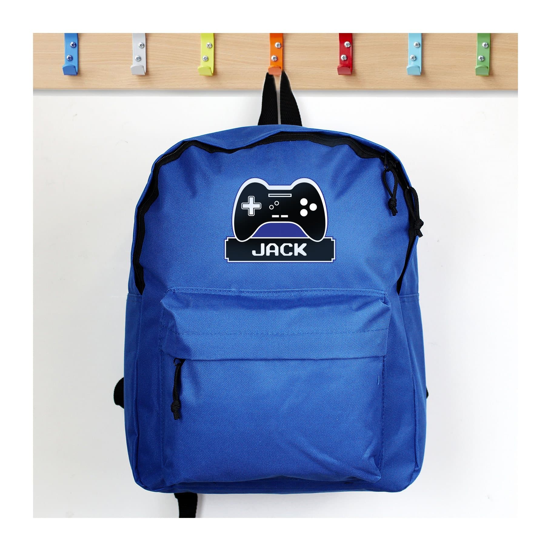 Blue gaming backpack with padded straps and a front zip pocket