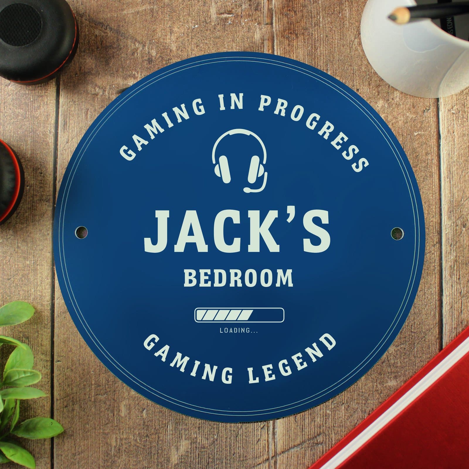 Blue plastic gaming plaque with four lines of personalised text