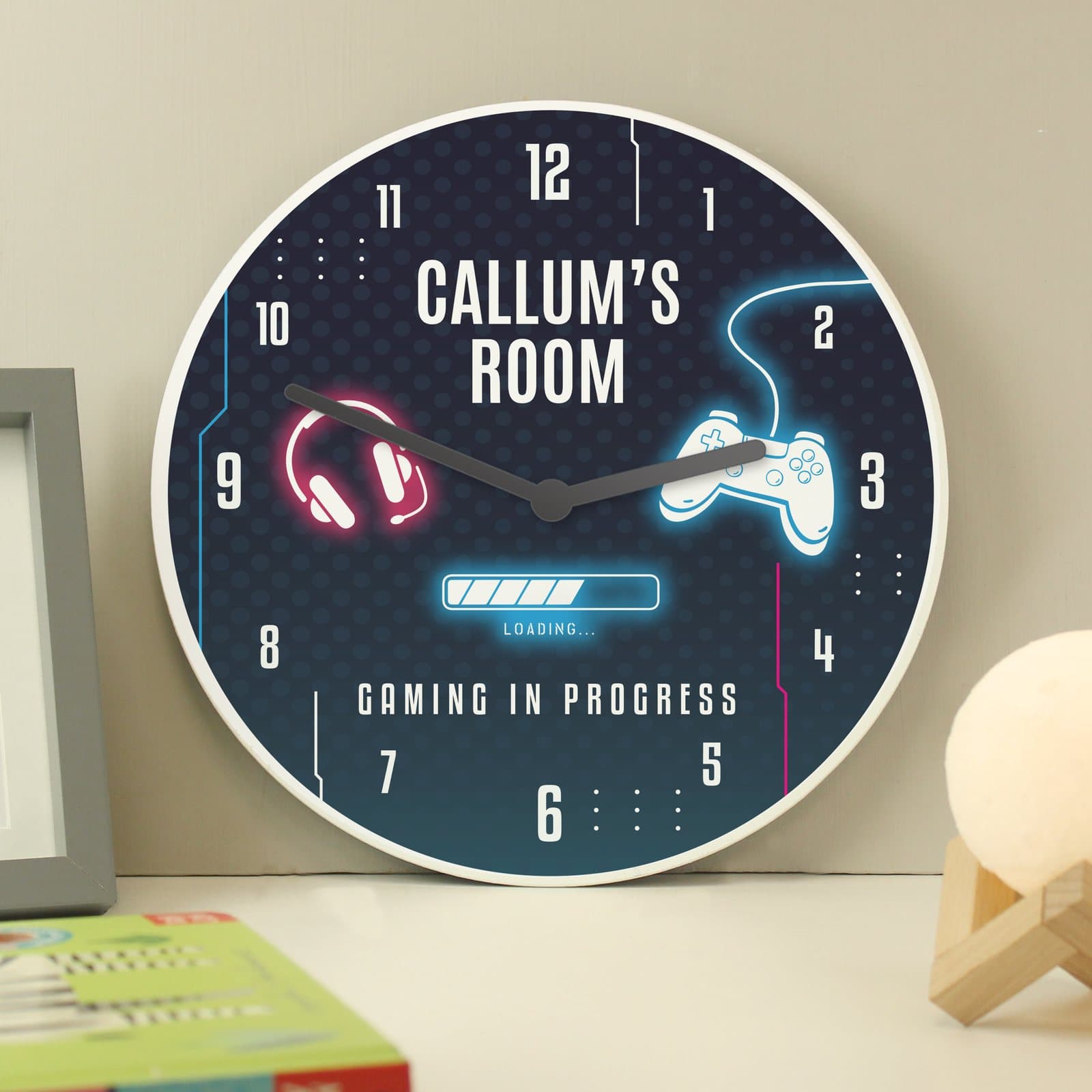 Personalised gaming wooden children's clock with a colourful gaming design