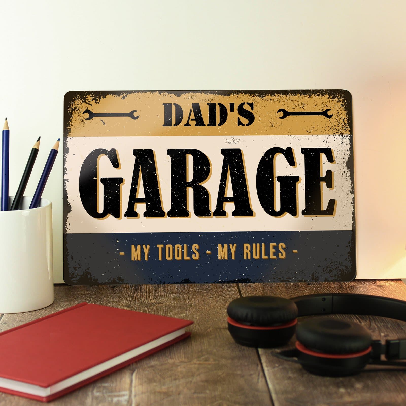 Aluminium garage sign with three lines of personalised text