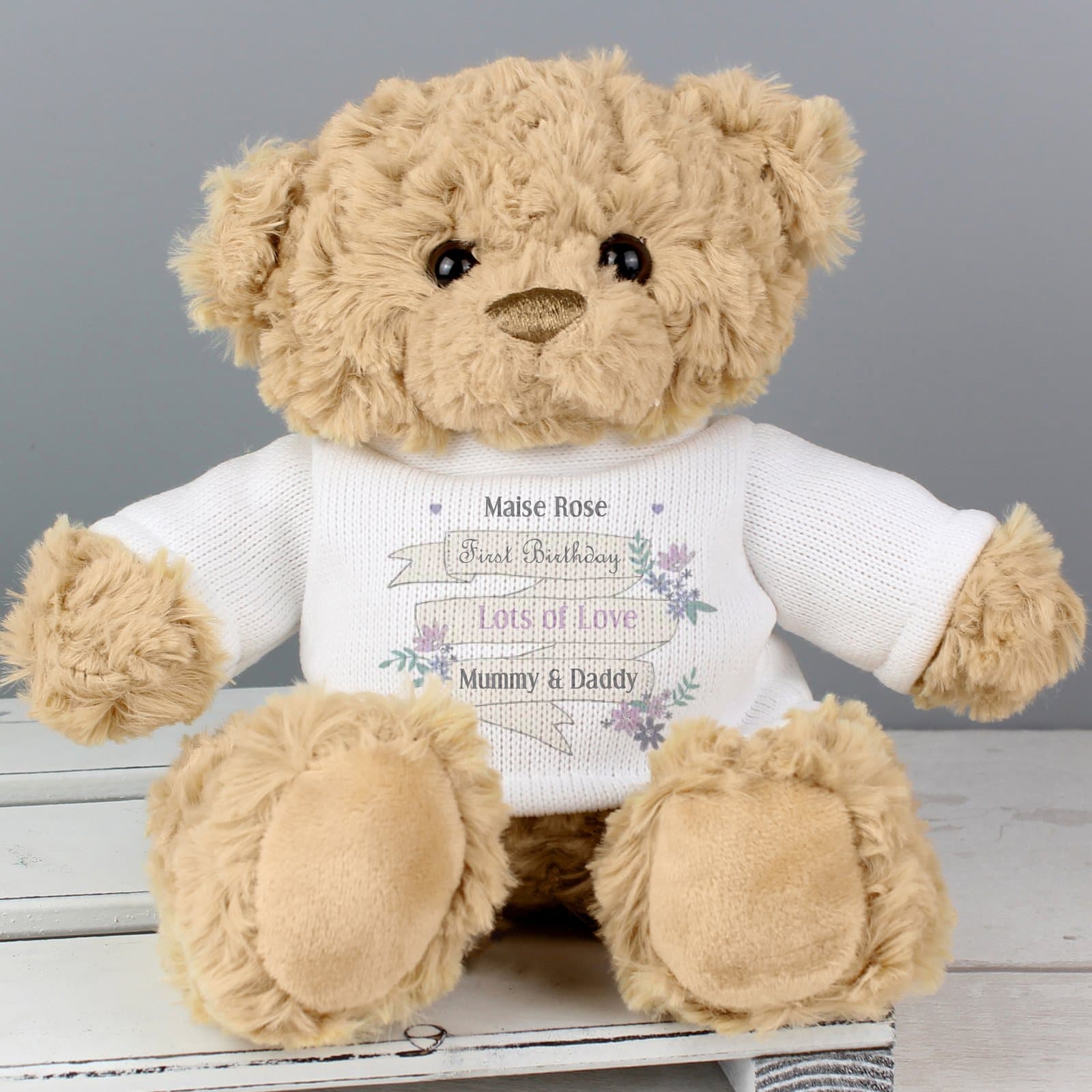 Personalised garden bloom teddy bear wearing a T-shirt with a message