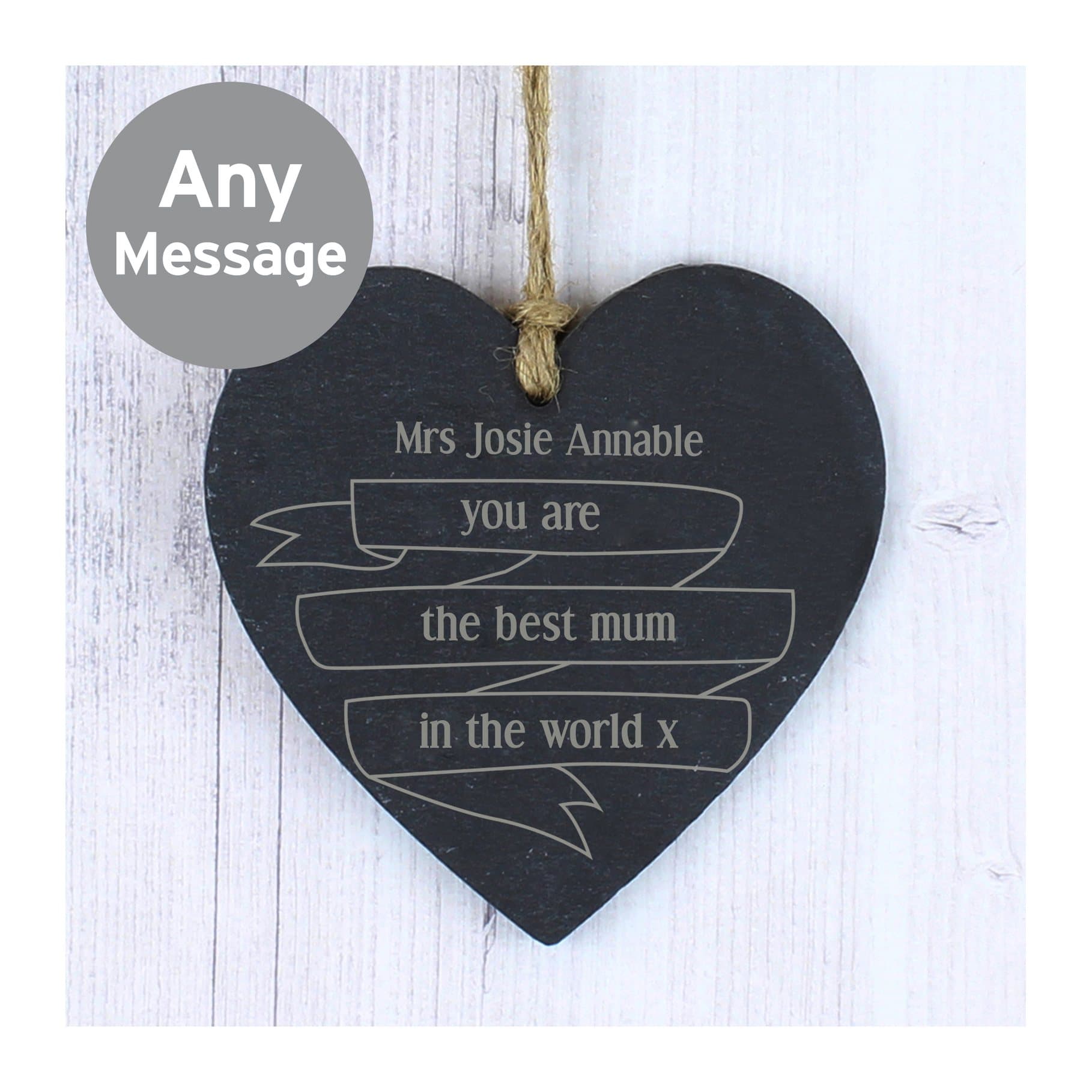 Slate heart decoration with personalised text and natural string