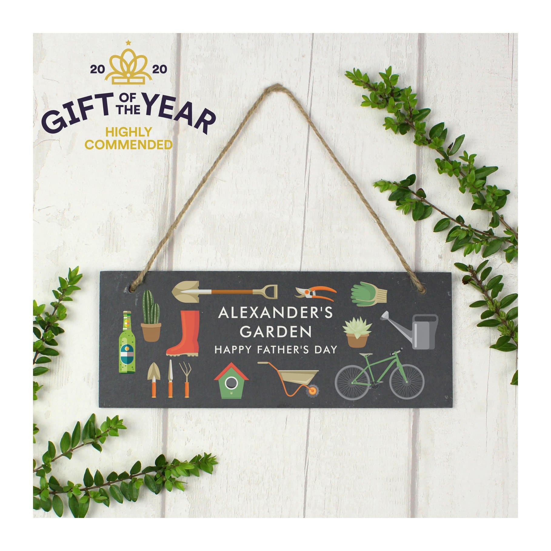 Hanging slate plaque with personalised garden text on natural string
