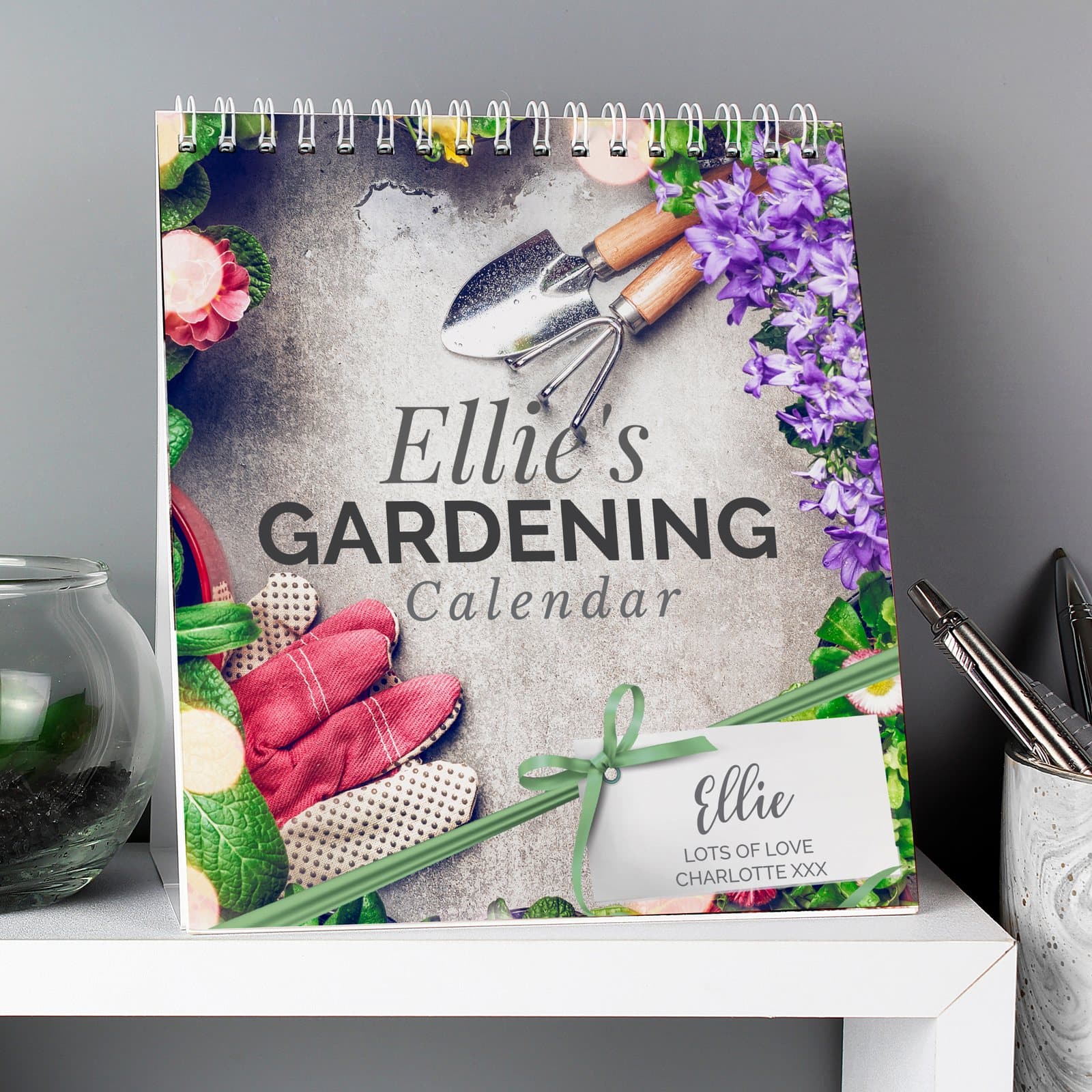 Personalised gardening desk calendar with a name on the front cover