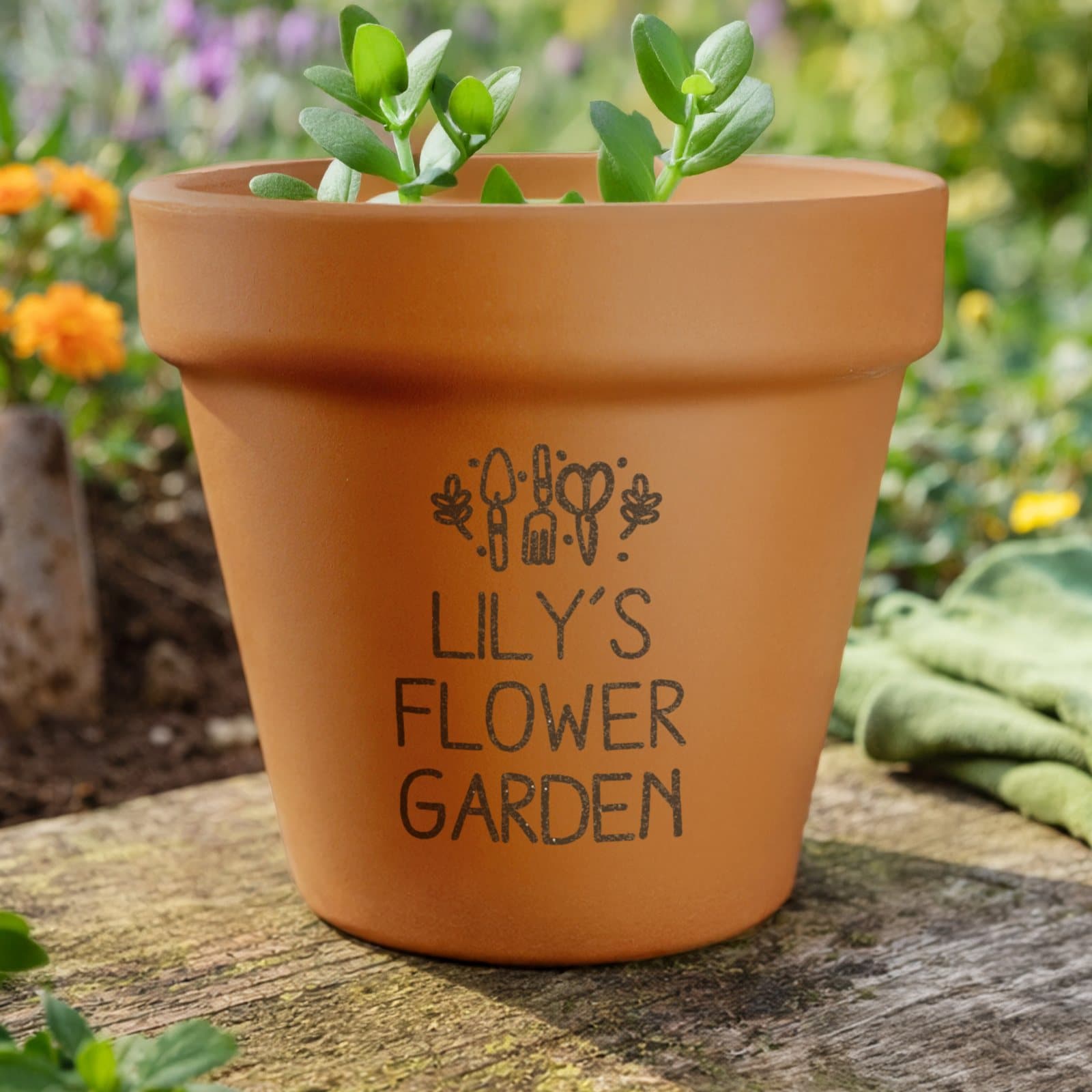 Terracotta plant pot engraved with three lines of personalised text
