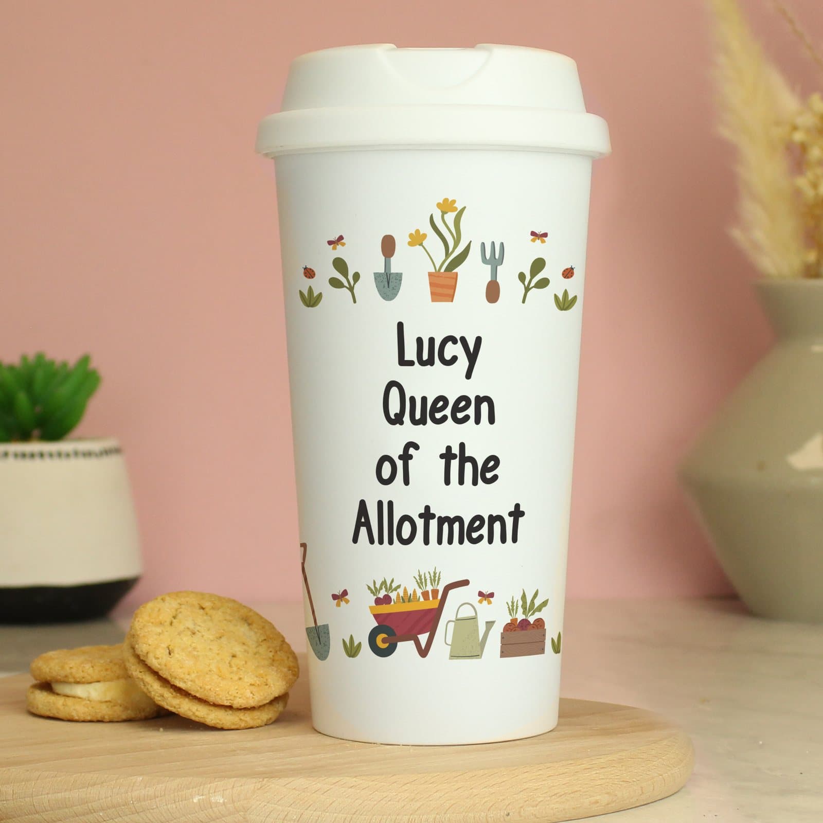 Personalised gardening travel mug with a screw-on lid
