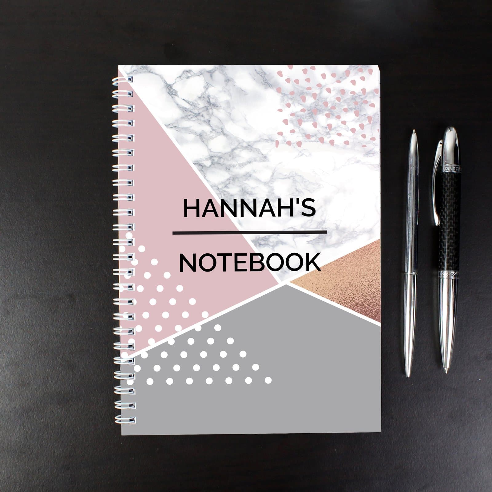 Geometric design A5 notebook personalised with two lines of text