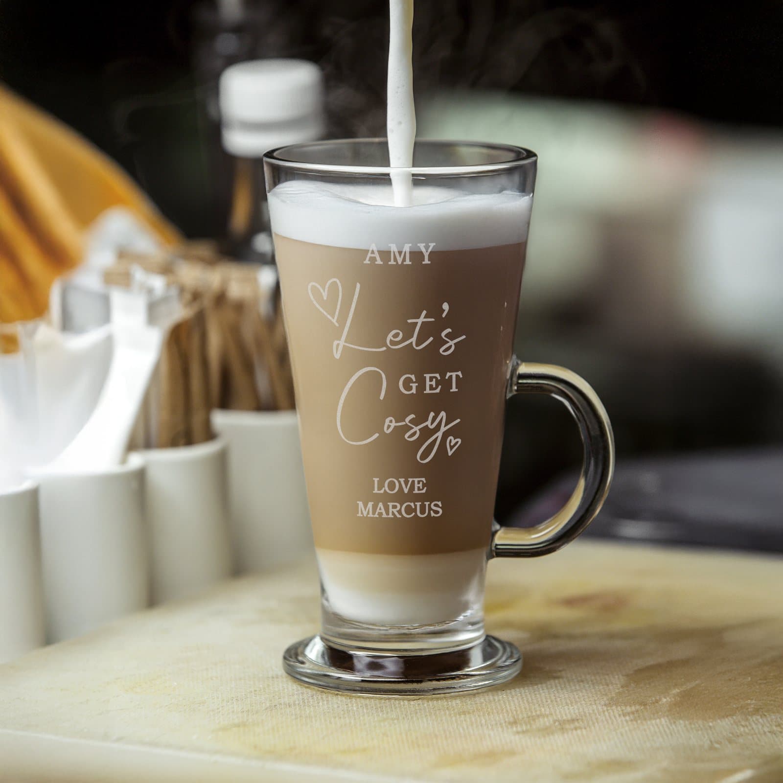 Personalised Get Cosy latte glass with three lines of text