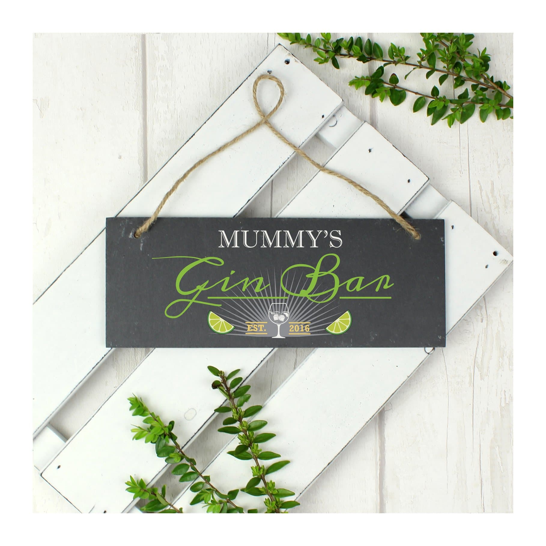 Slate Gin Bar plaque with name and year on natural string