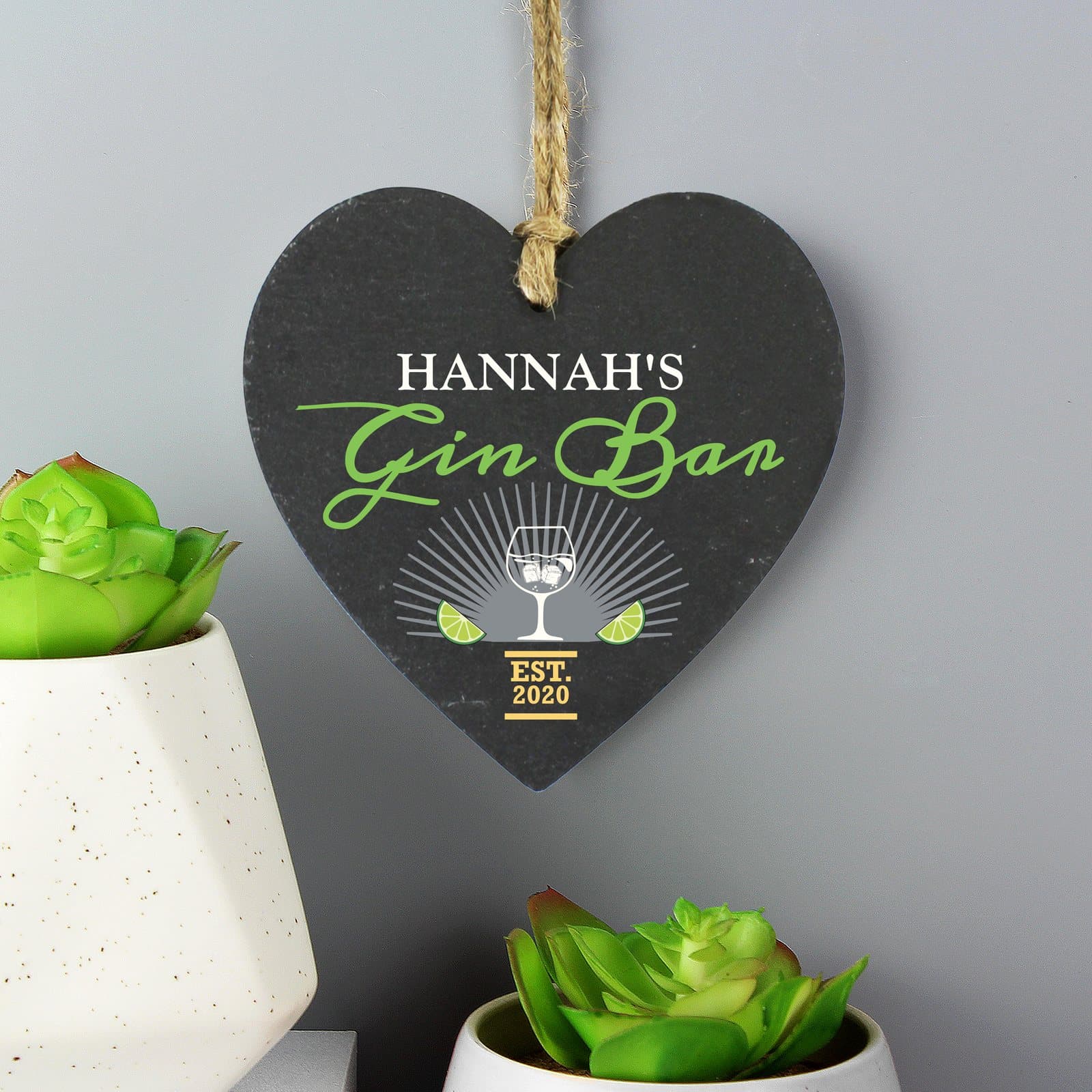 Slate heart Gin Bar decoration with name and year