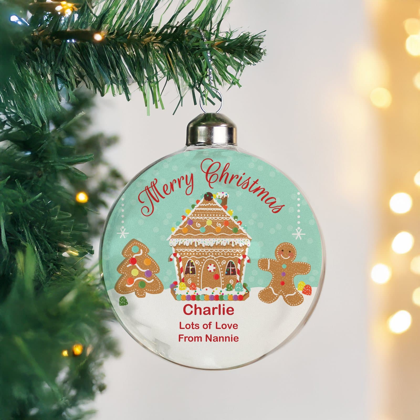 Personalised gingerbread house glass Christmas bauble