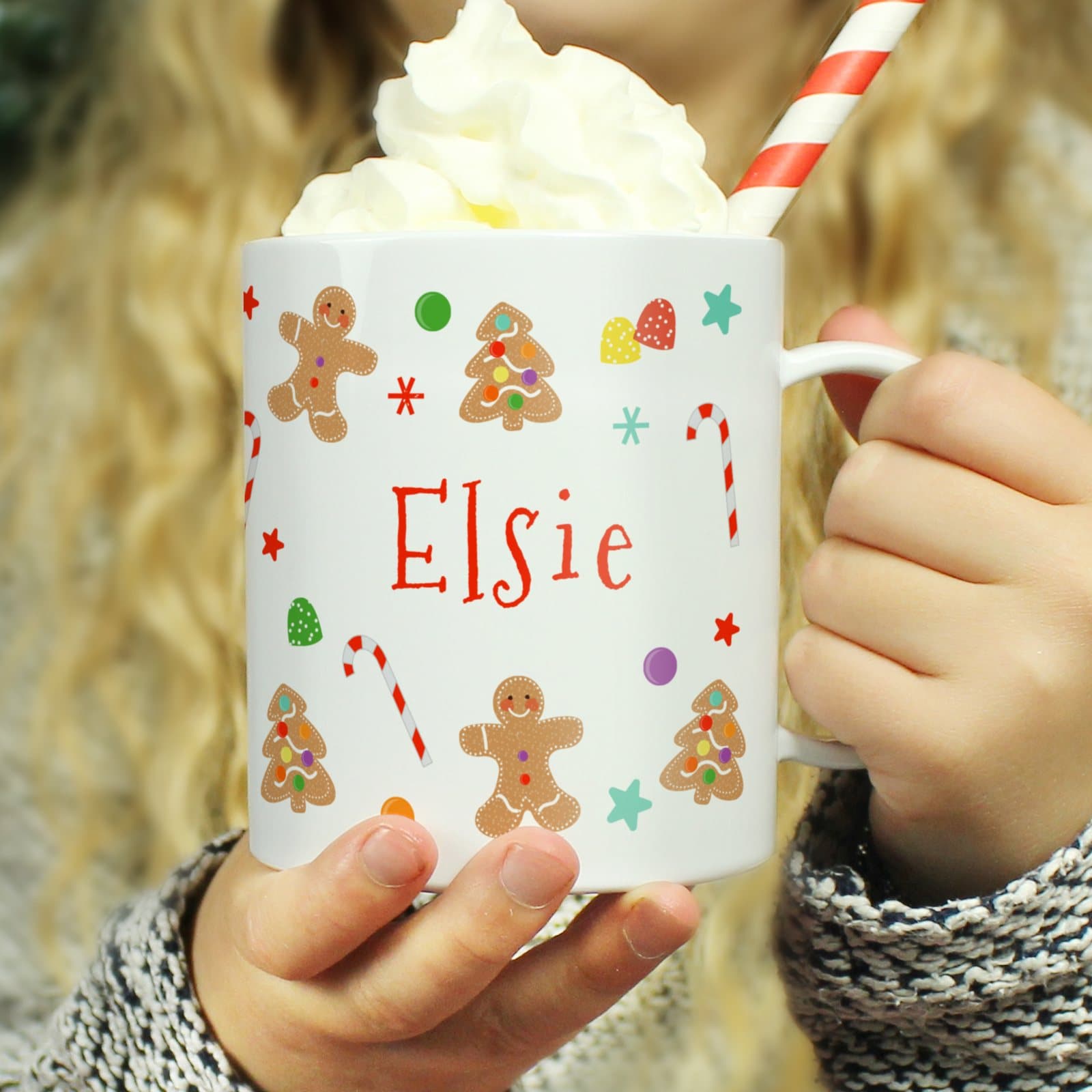 Gingerbread pattern plastic mug personalised with a name on the front