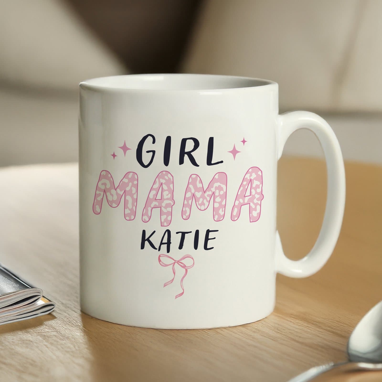 Ceramic girl mama mug personalised with one line of text