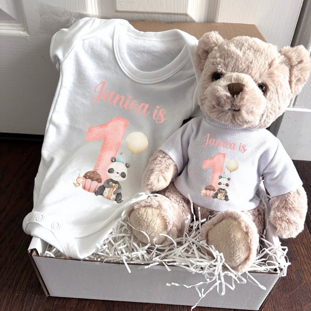 Personalised girls 1st birthday panda gift box with a teddy and a baby vest