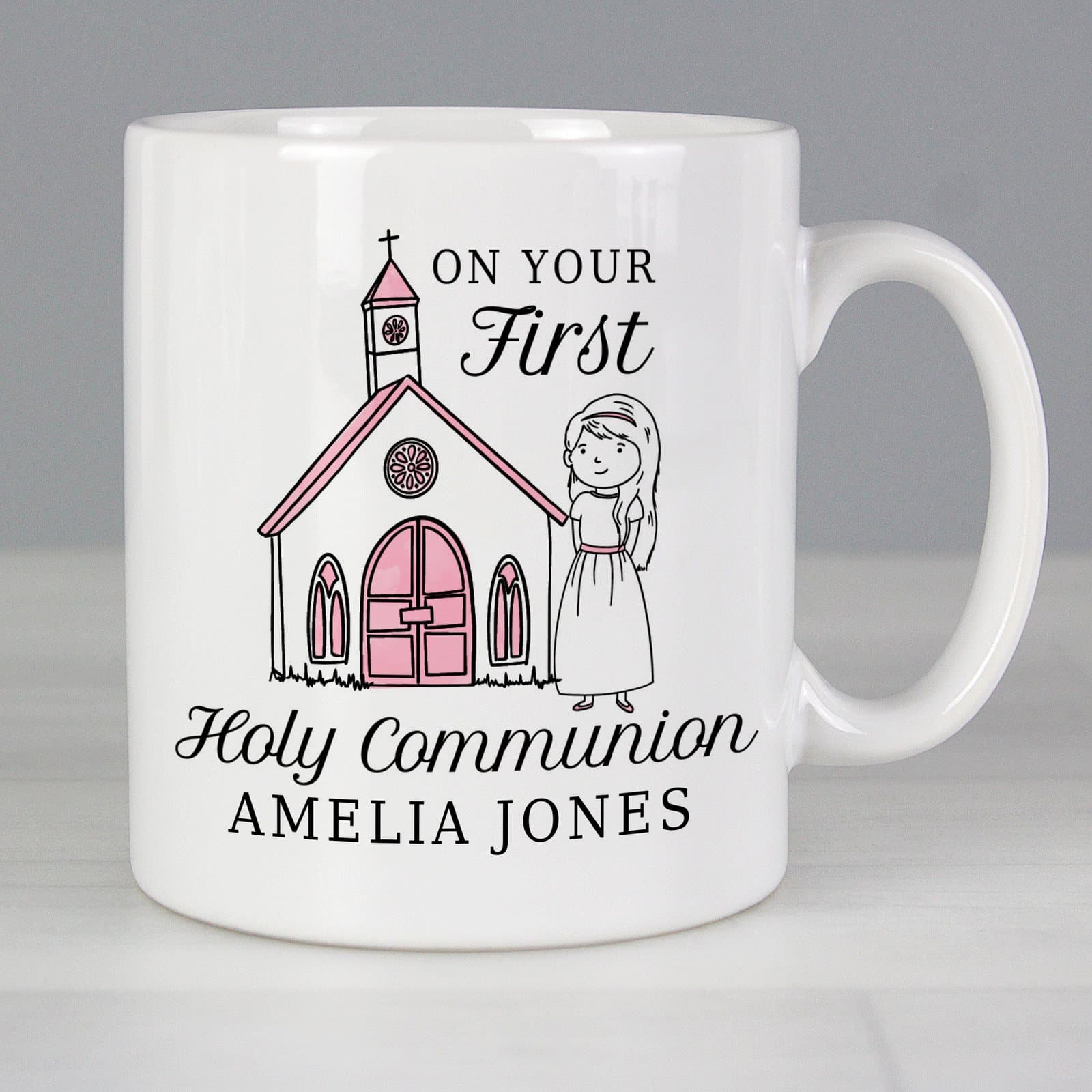 Ceramic First Holy Communion mug personalised with a girl's name