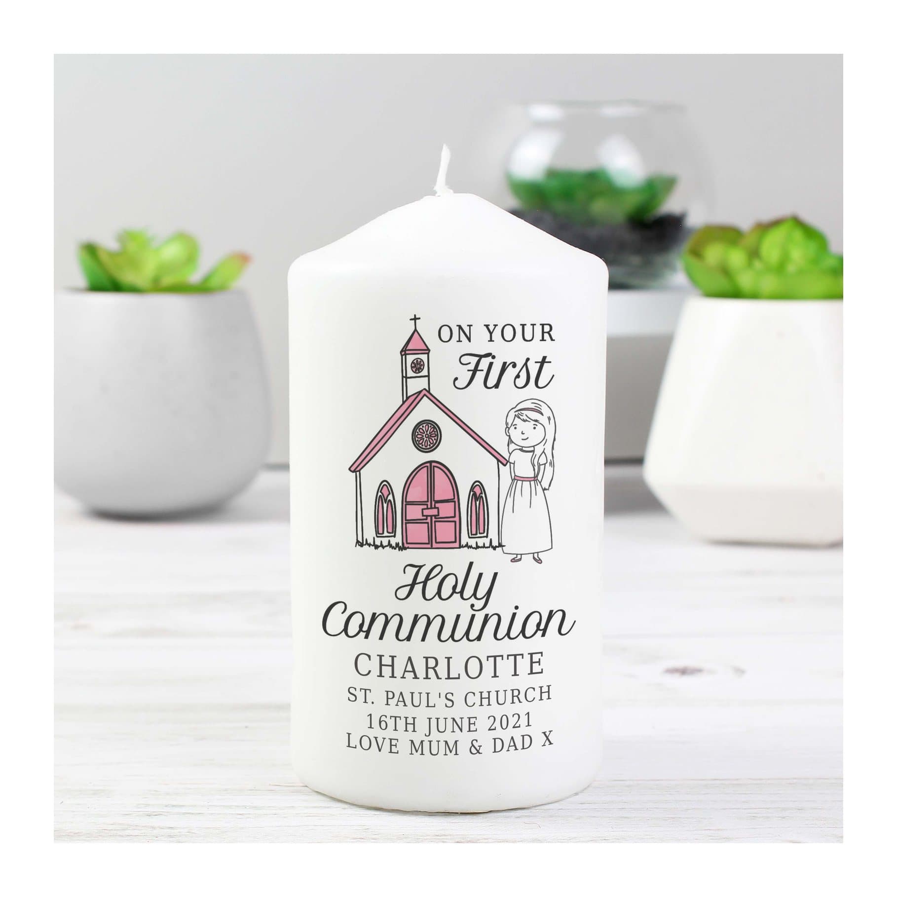 Pillar candle with a first holy communion design and personalised name