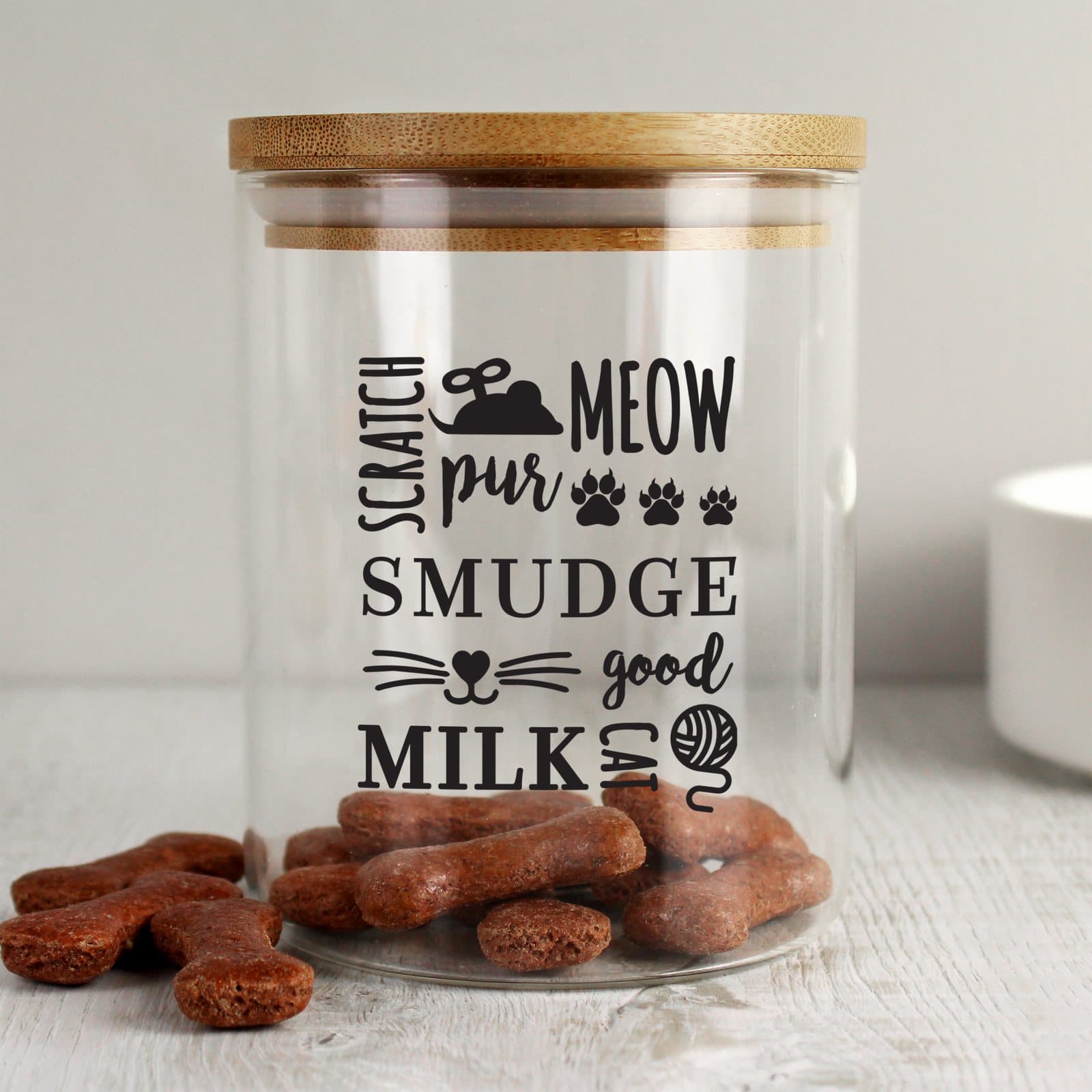 Personalised glass cat treat jar with bamboo lid