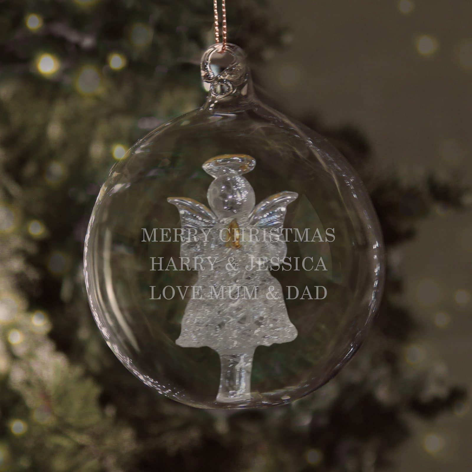 Personalised glass Christmas bauble with a glass angel inside