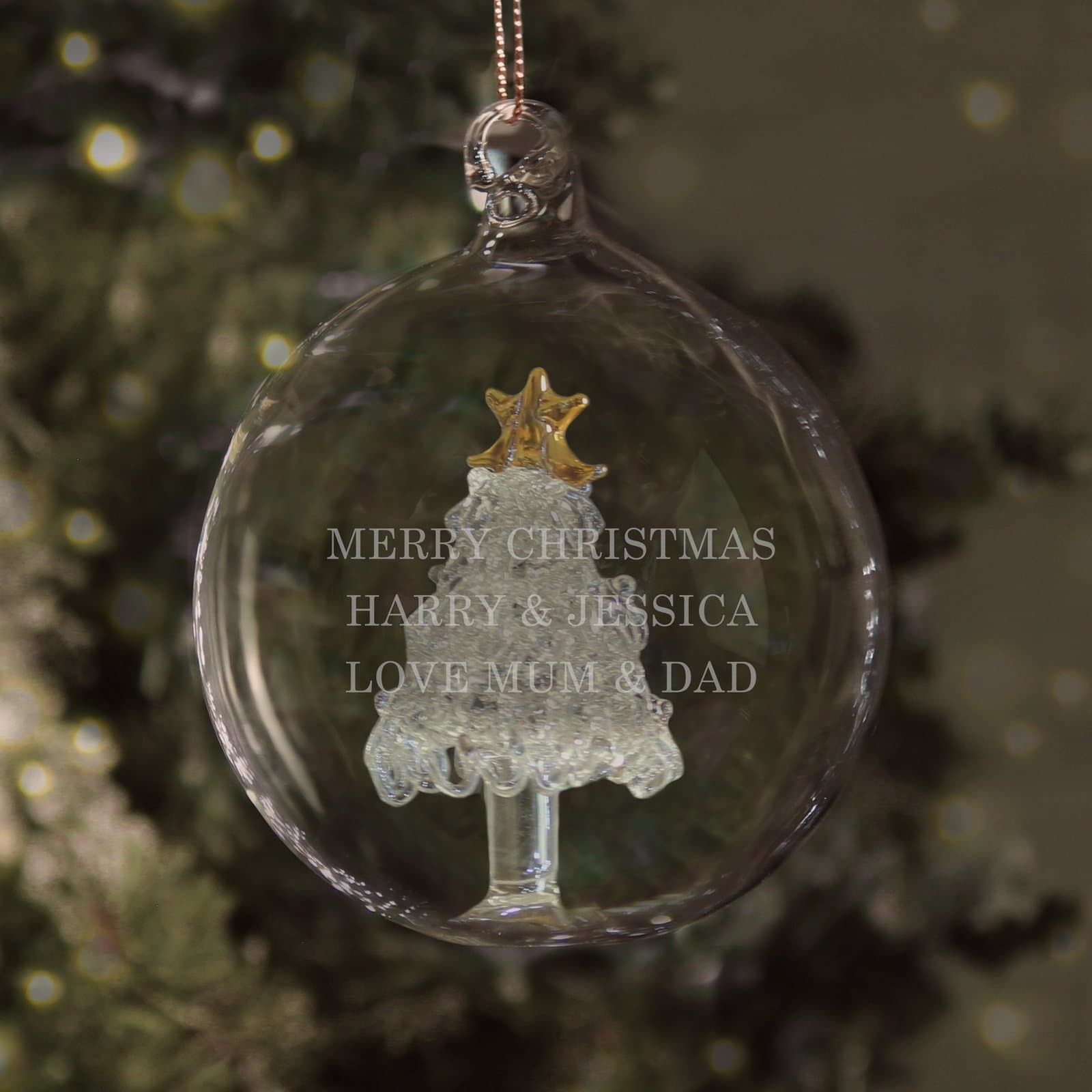 Personalised glass Christmas bauble with a glass Christmas tree inside