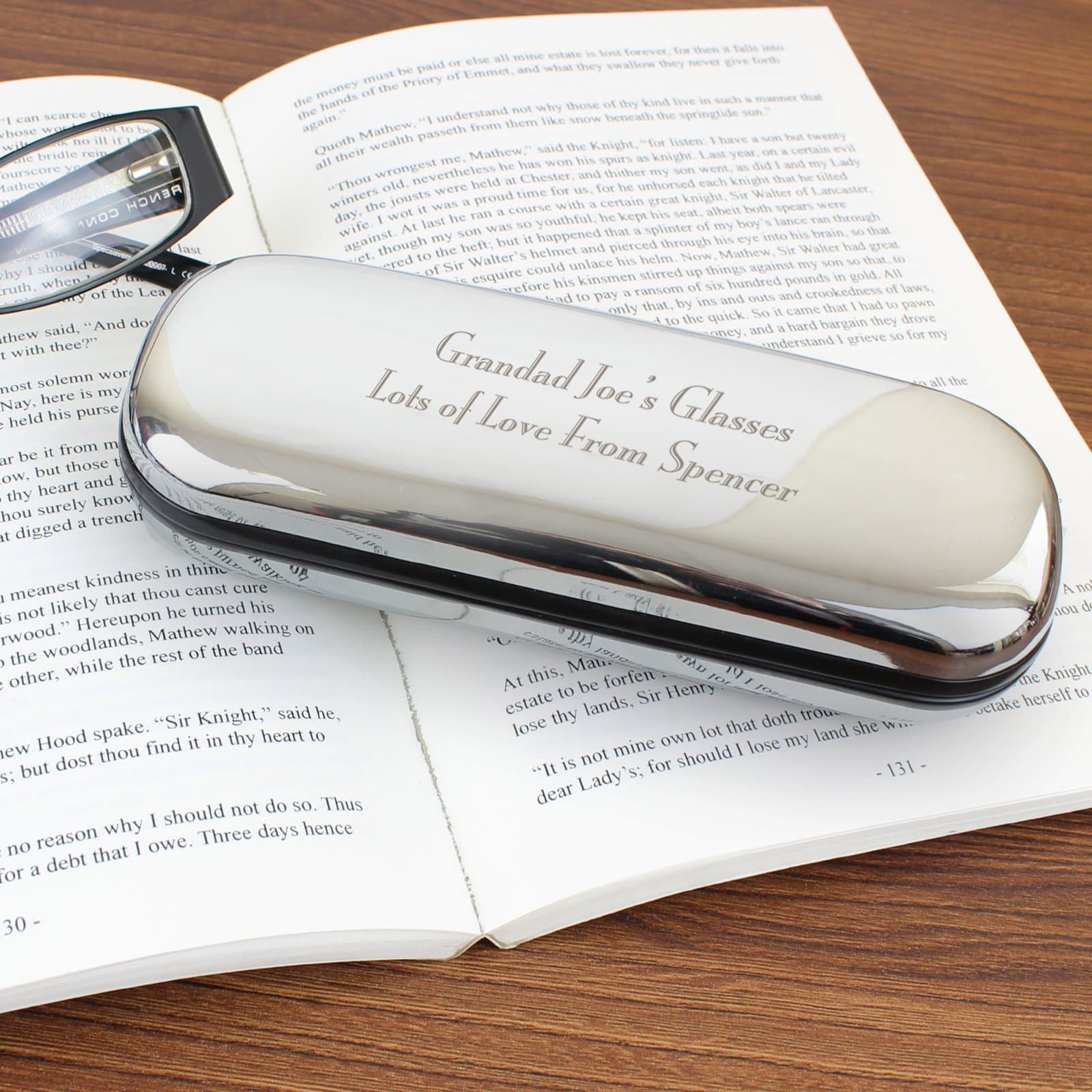 Chrome plated glasses case personalised with two lines of text
