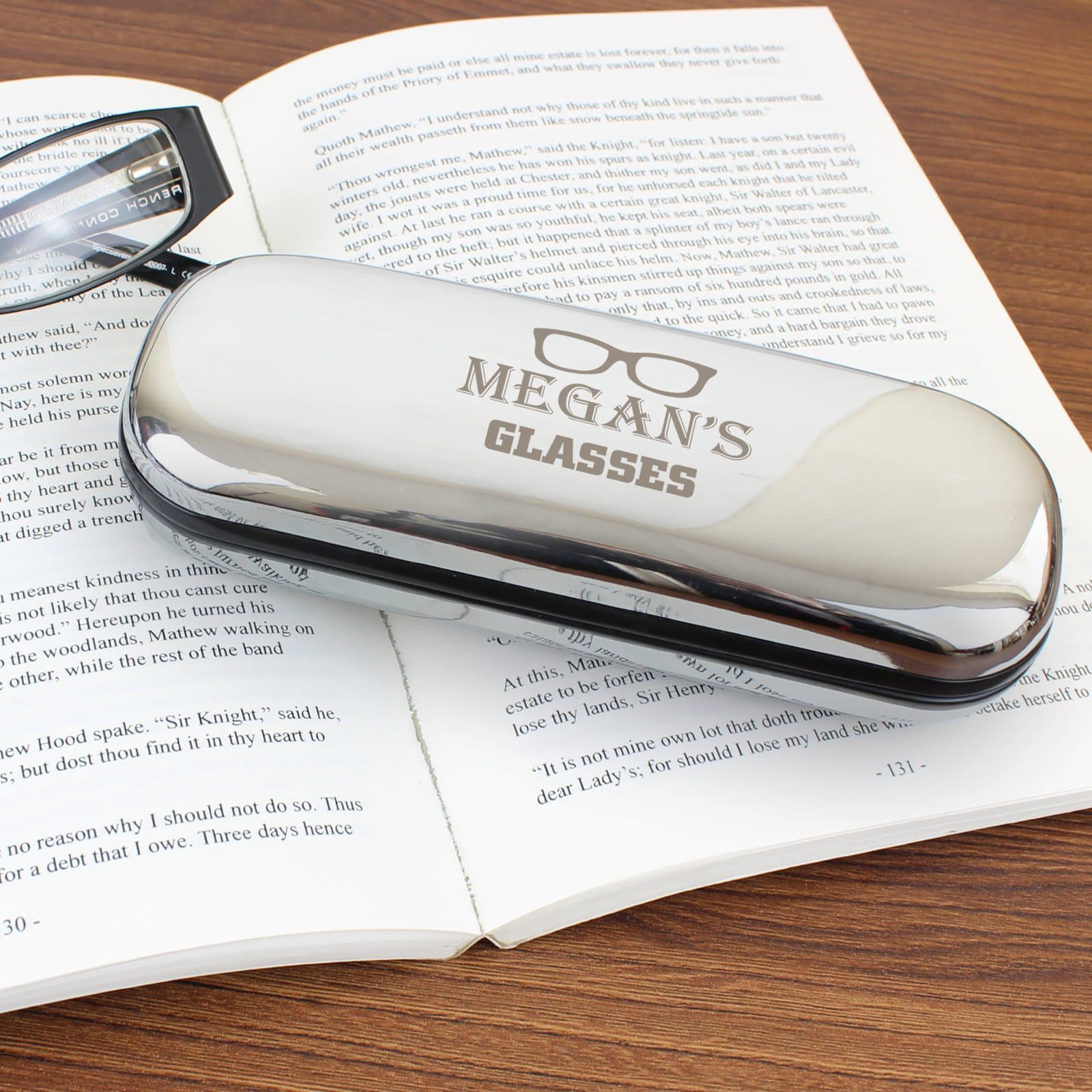 Chrome plated glasses case with a glasses motif and personalised text
