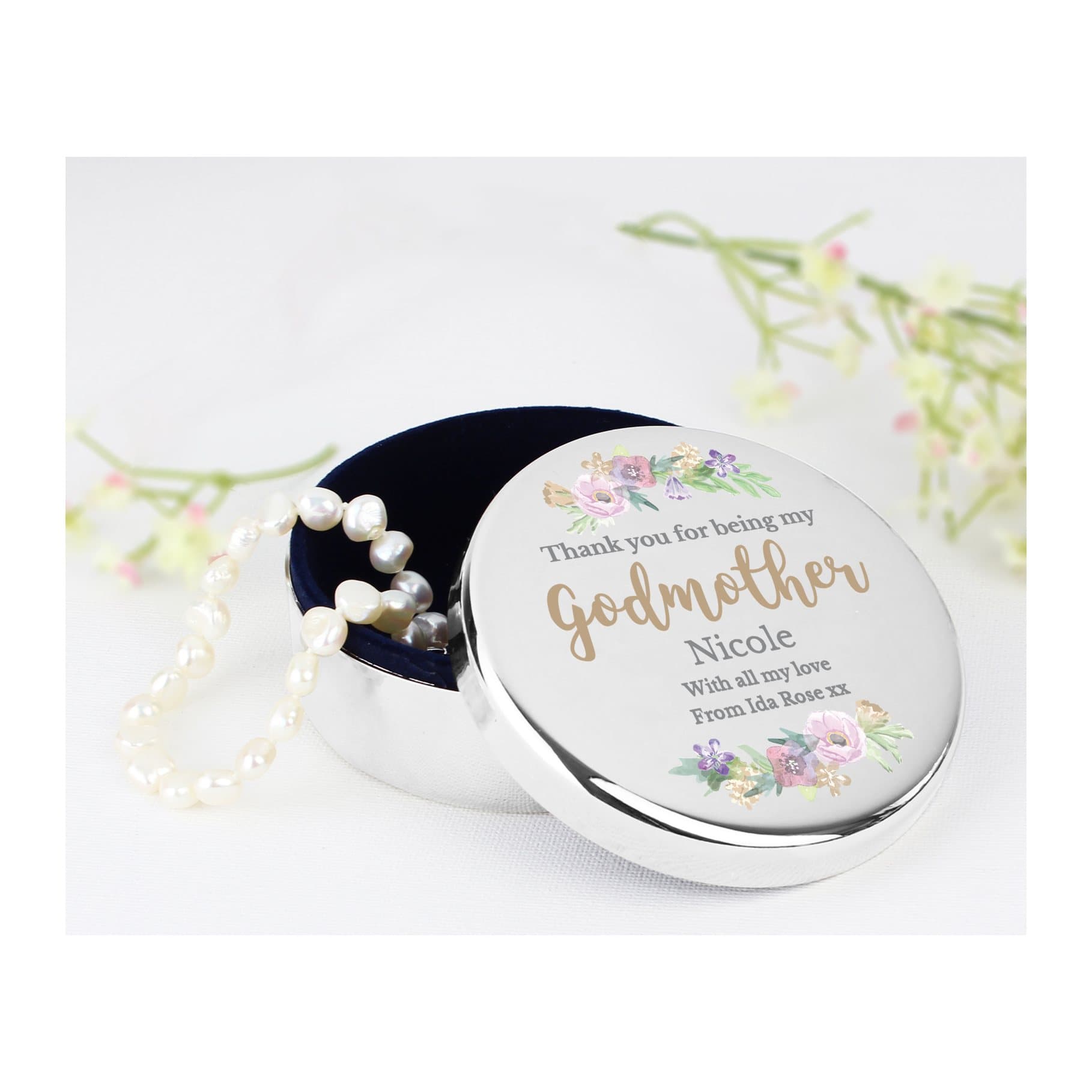 Floral watercolour round godmother trinket box