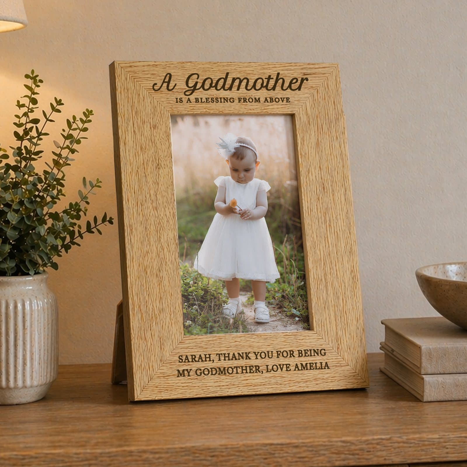 Wooden godmother photo frame with an oak veneer finish and text below the photo
