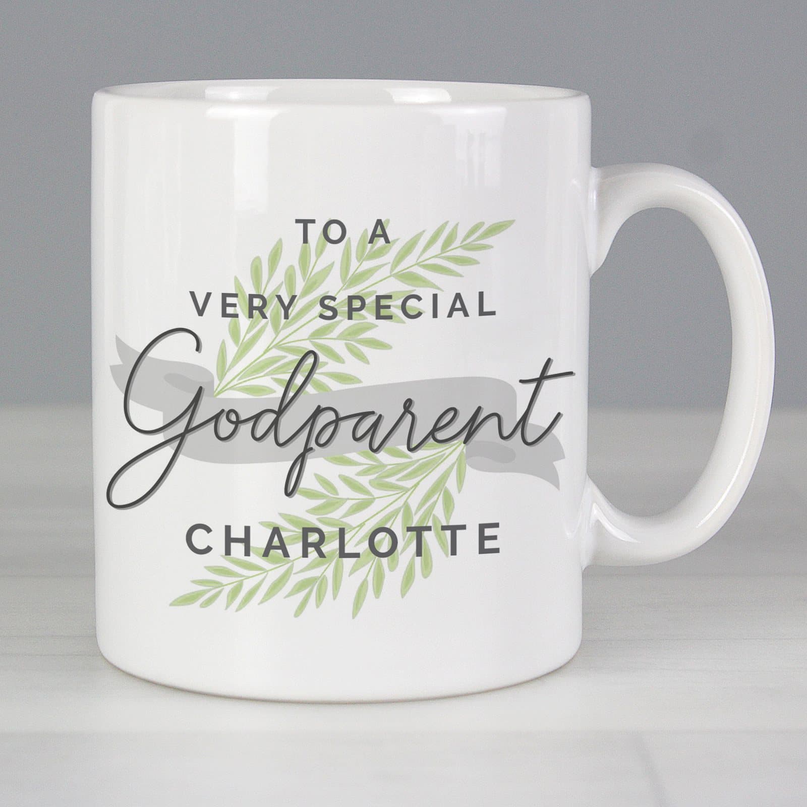 Ceramic godparent mug with personalised lines of text