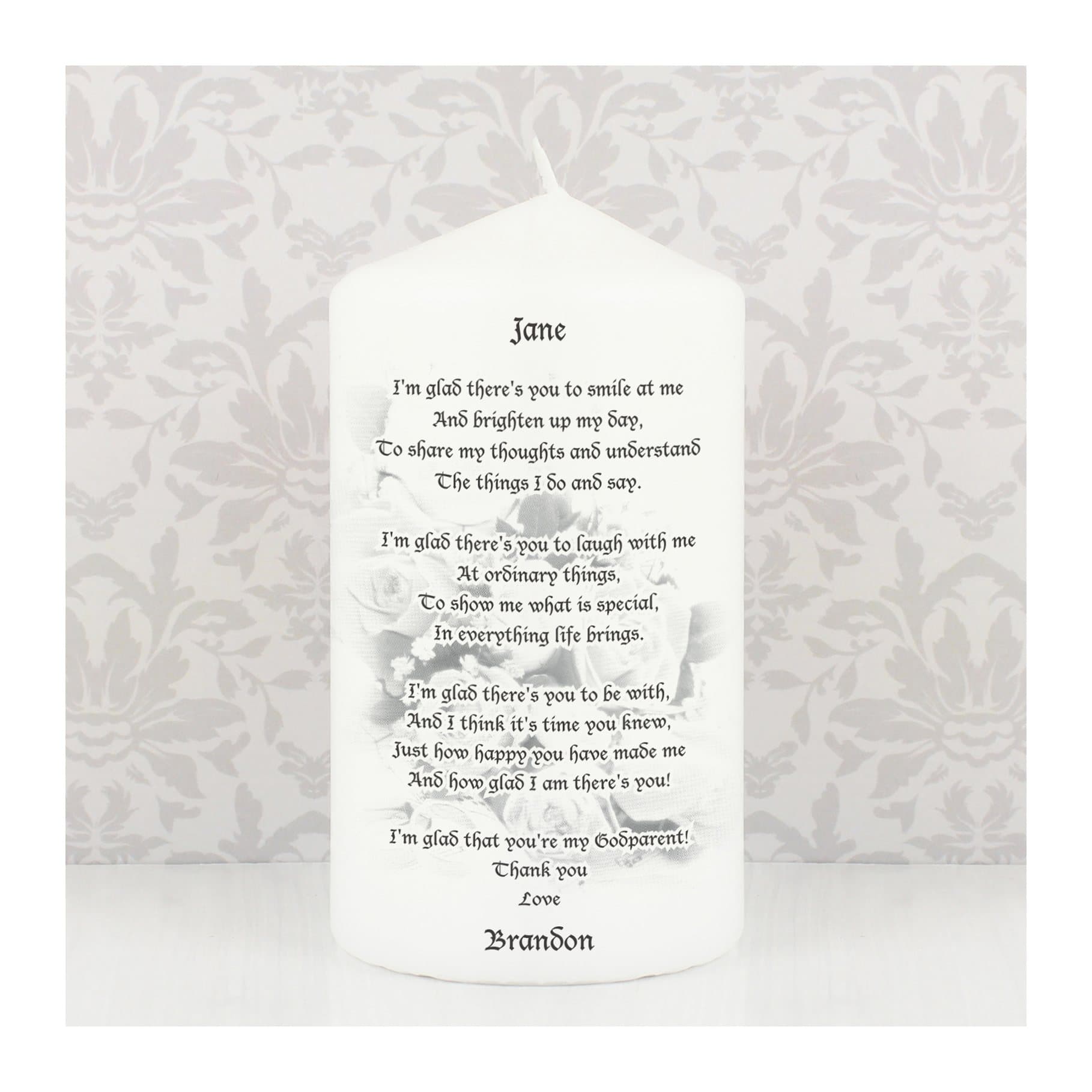 Pillar candle with a godparent poem and personalised names