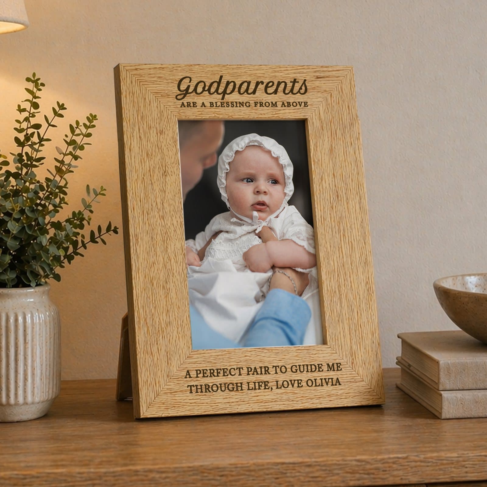 Wooden godparents photo frame with an oak veneer finish and text below the photo