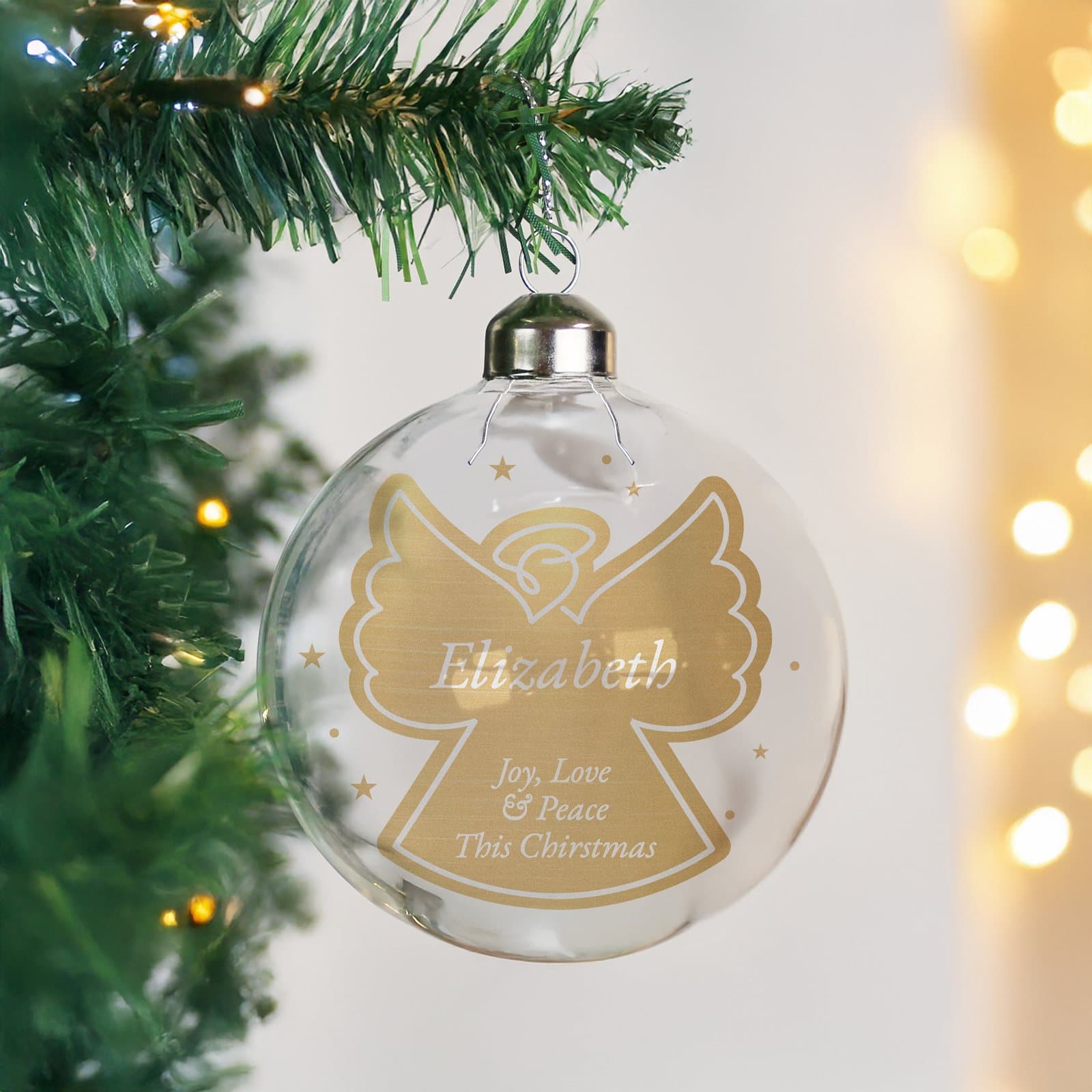 Glass bauble with a gold angel design and printed insert