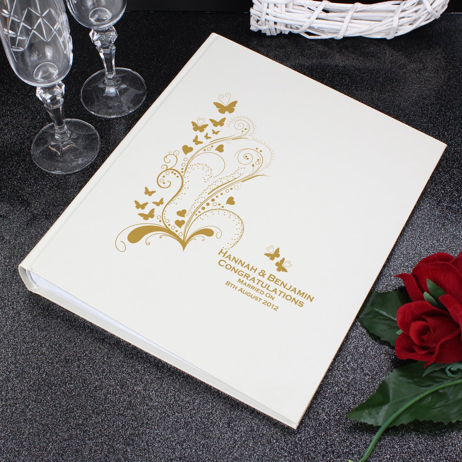Gold butterfly swirl traditional photo album with personalised message