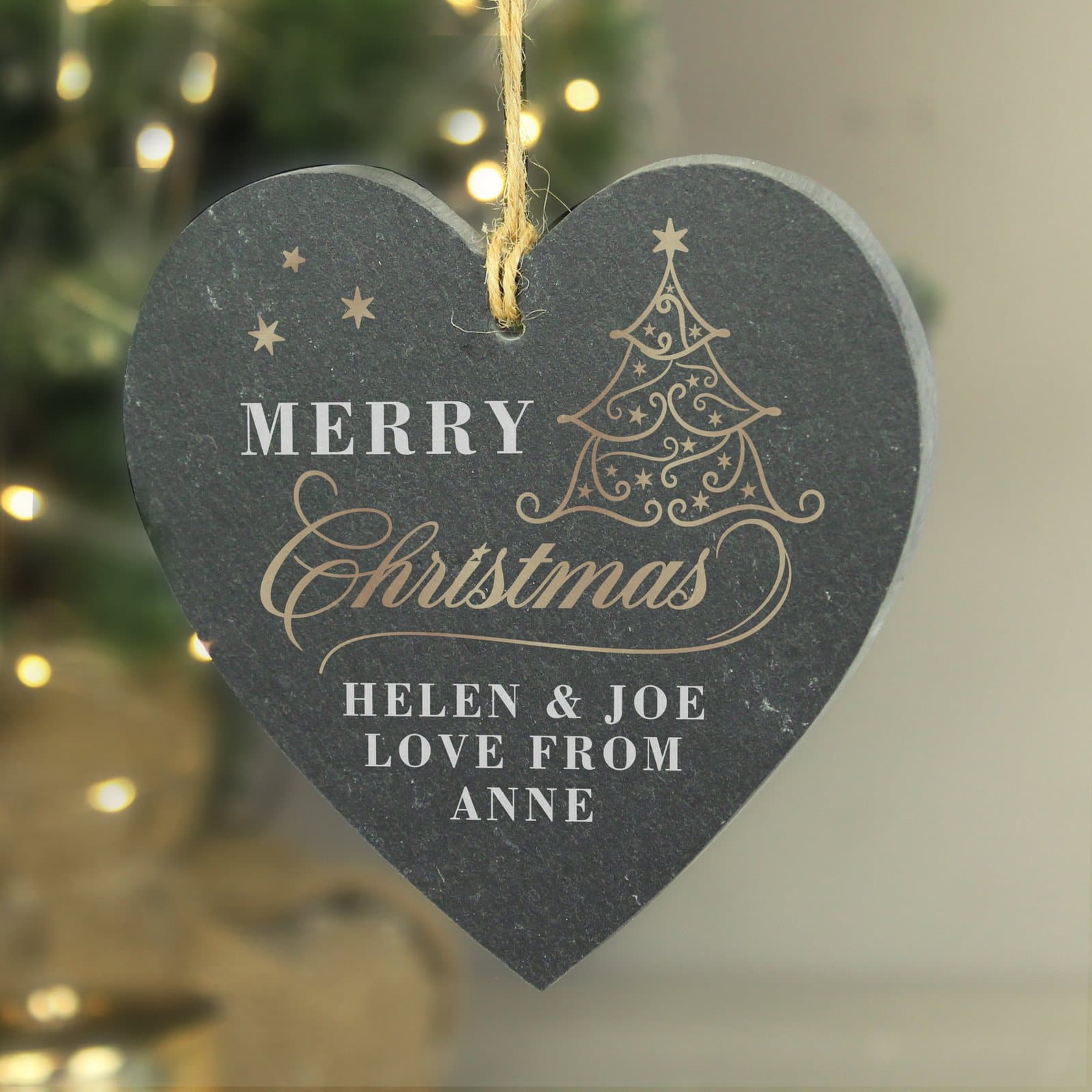 Heart-shaped slate ornament with a gold Christmas tree design and personalised lines