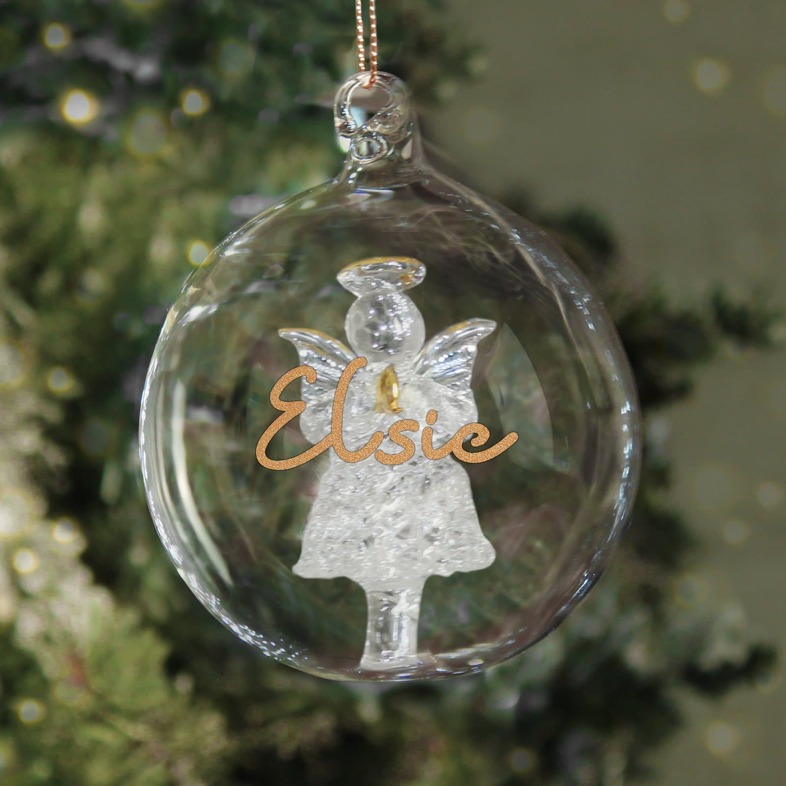 Gold glitter glass bauble with an angel design
