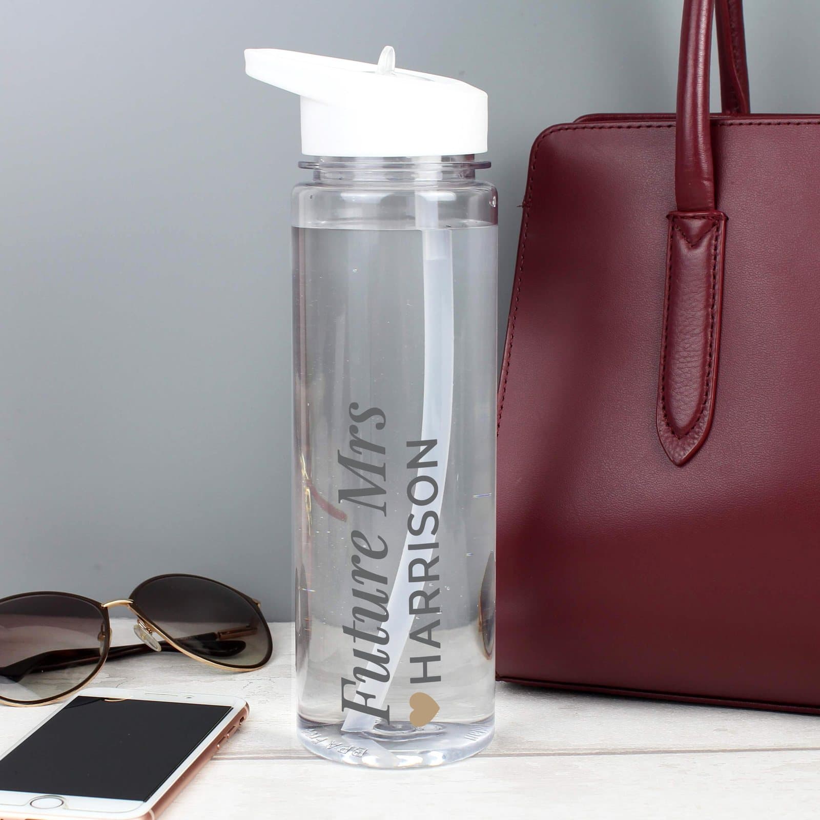 Personalised gold heart water bottle with white lid and straw spout