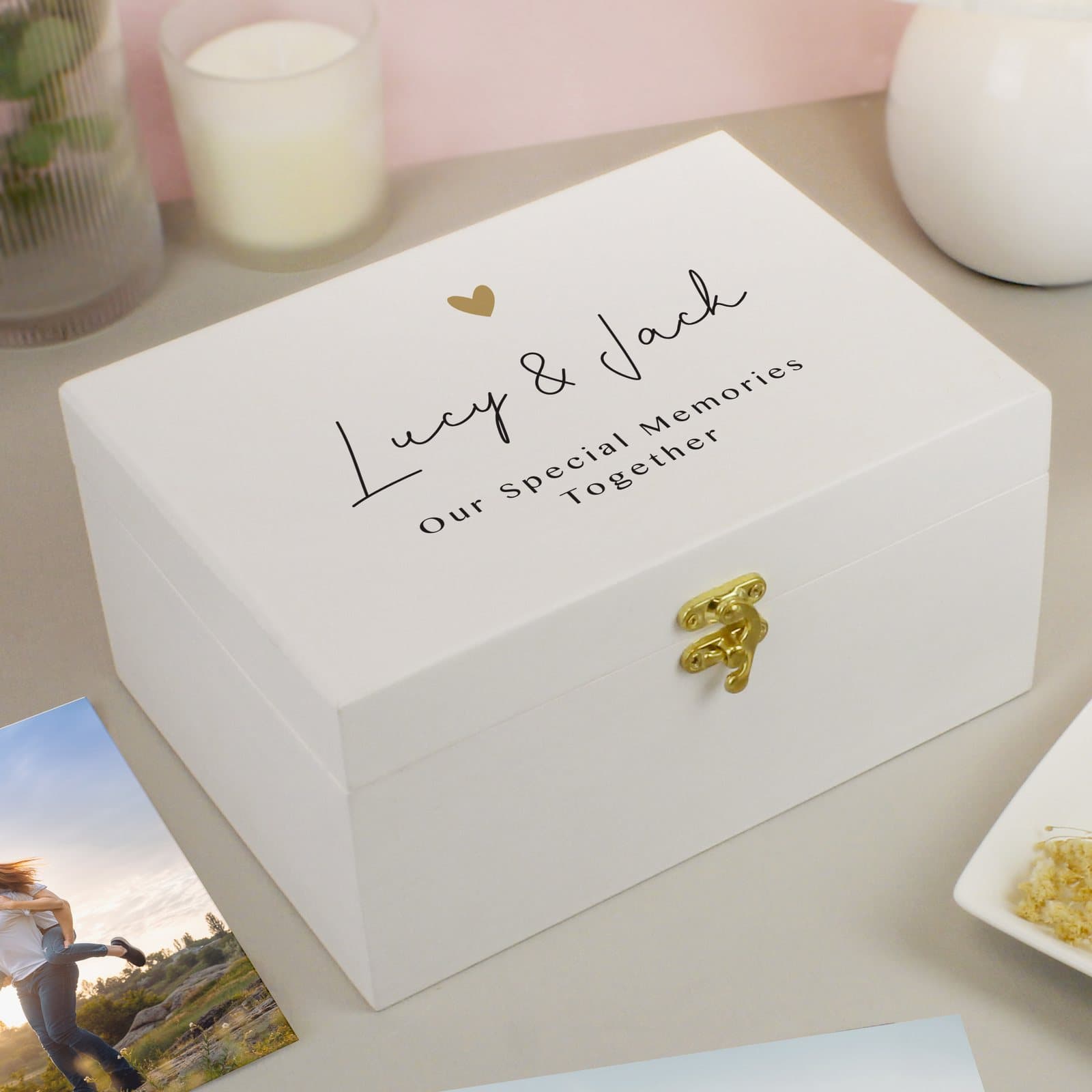White wooden memory box with a gold heart detail