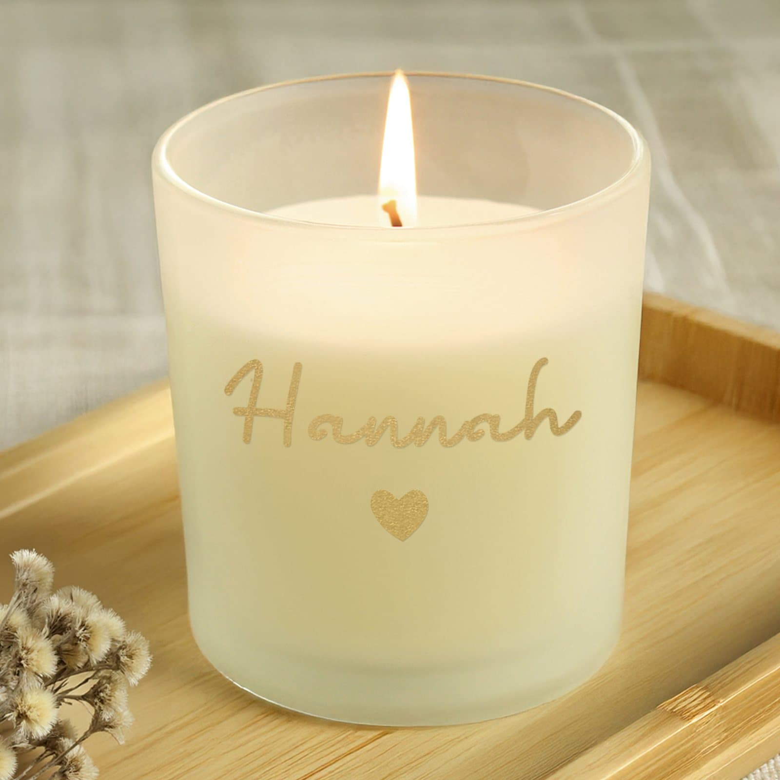 Personalised vanilla jar candle with a name in gold