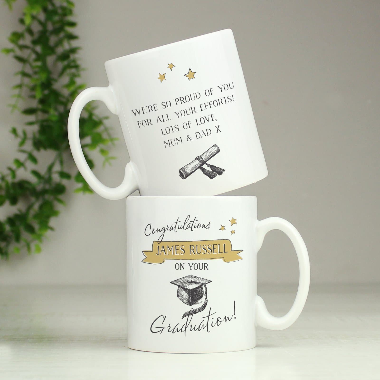 Personalised gold star graduation ceramic mug with a name on the front