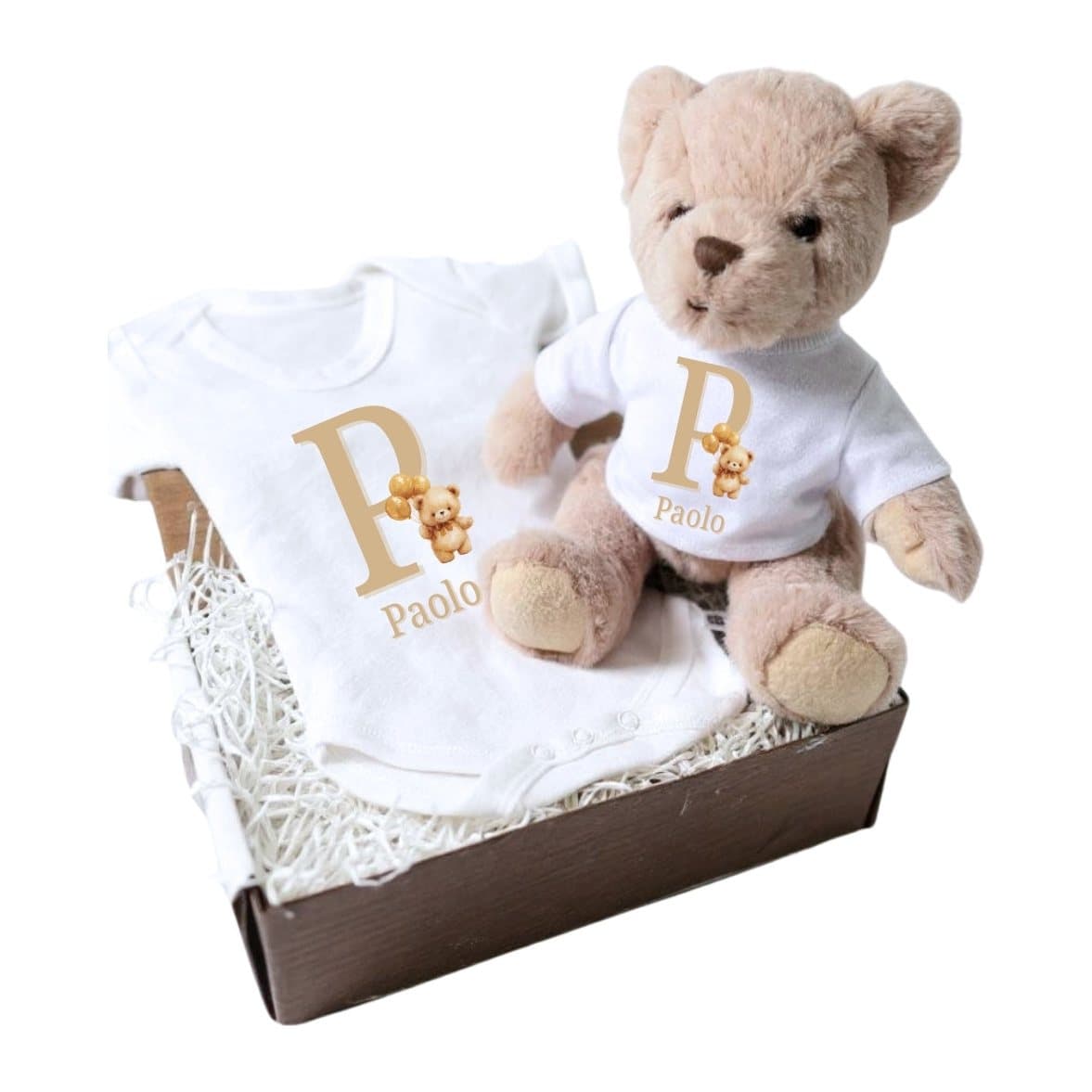 Personalised golden teddy bear and baby vest baby gift box