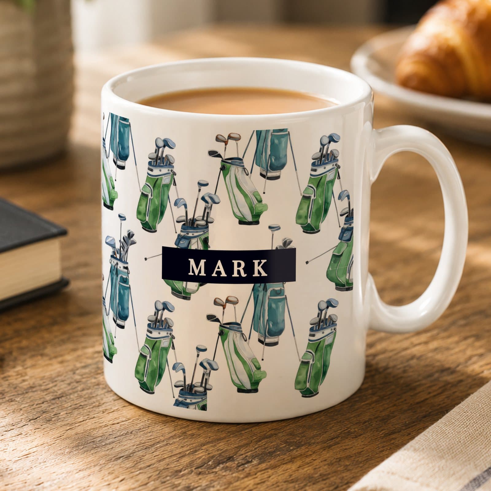 Ceramic mug with a golf bag design wrapped around it