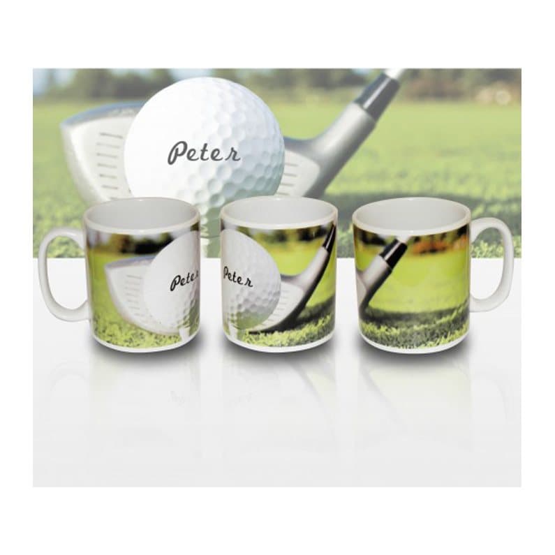 Glossy ceramic mug with a golf ball design and a personalised name