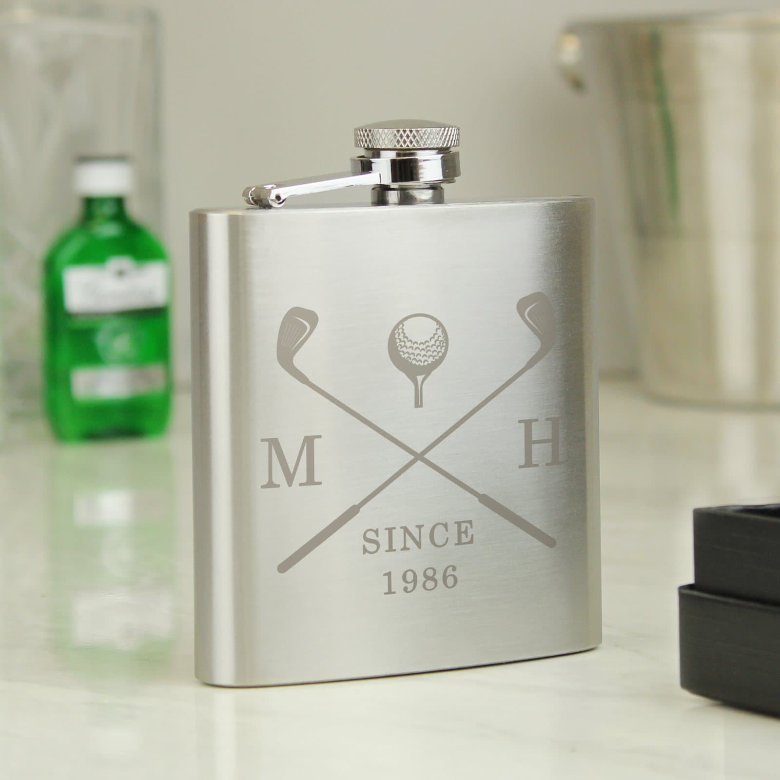 Stainless steel golf hip flask with personalised initials and a date