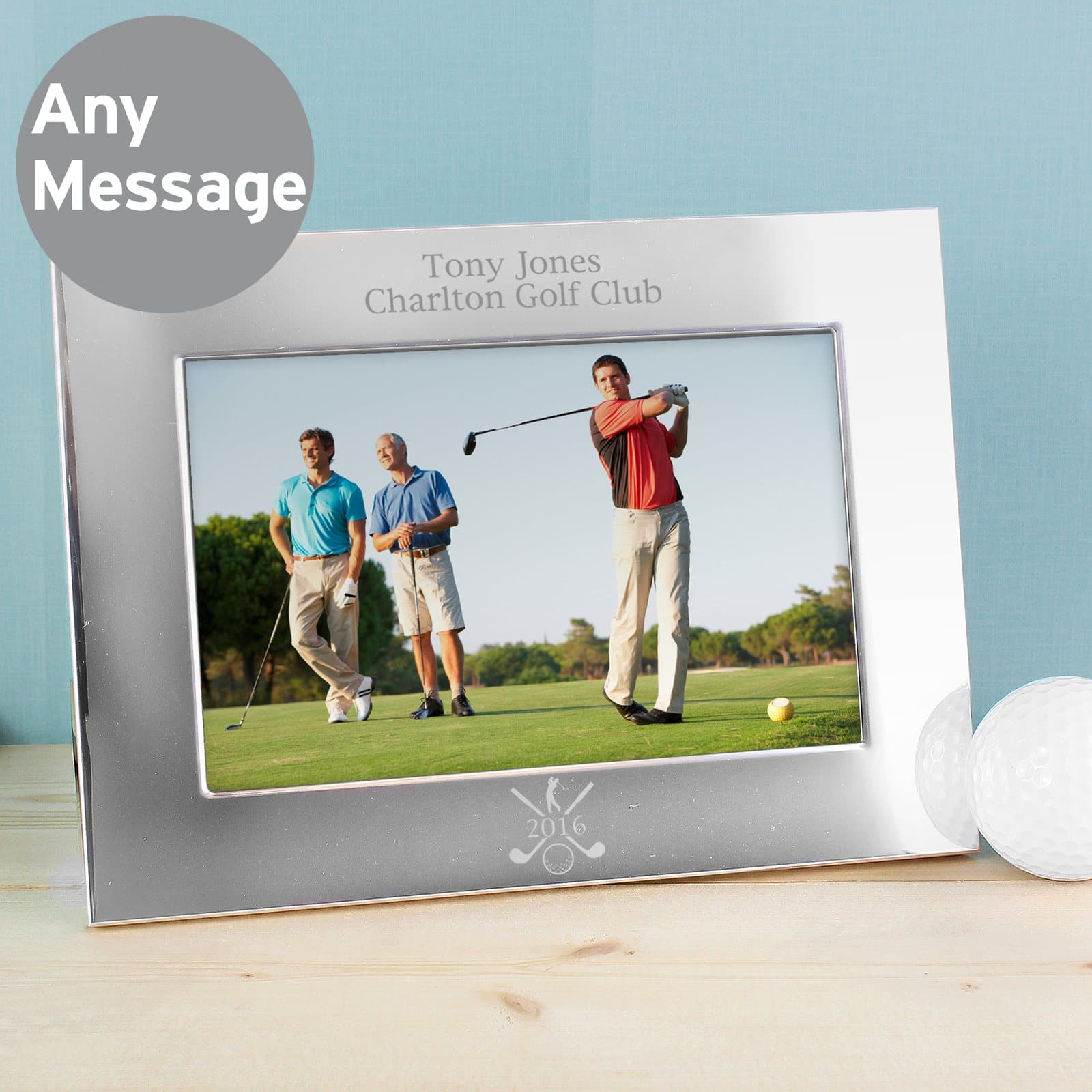Silver aluminium landscape golf photo frame with personalised text
