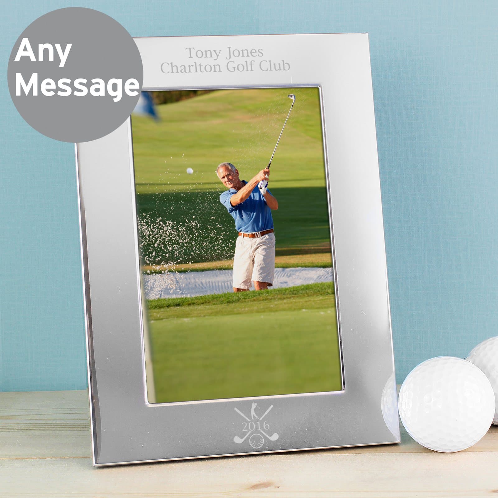 Silver aluminium portrait golf photo frame with personalised text