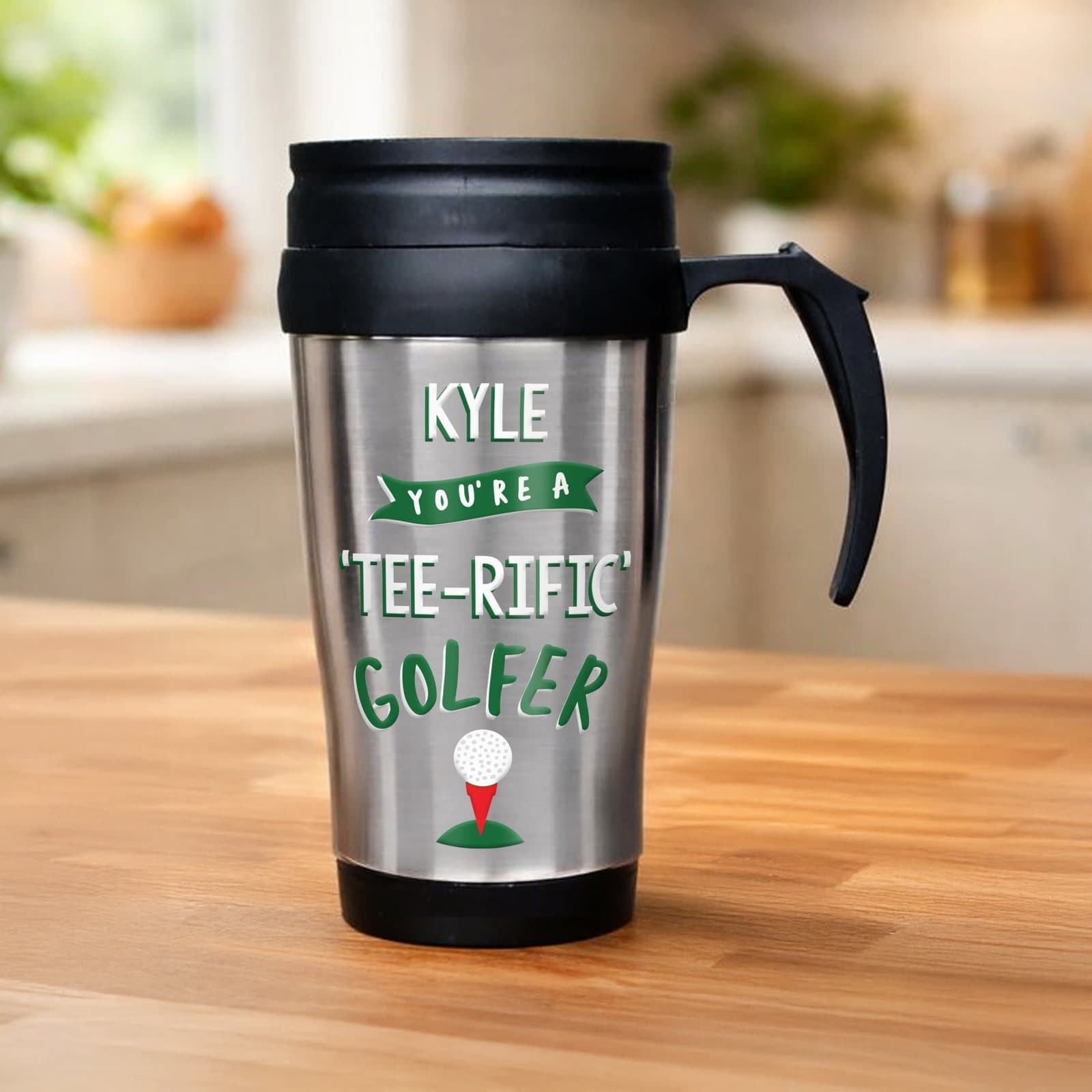 Stainless steel golf travel mug with a plastic handle and lid