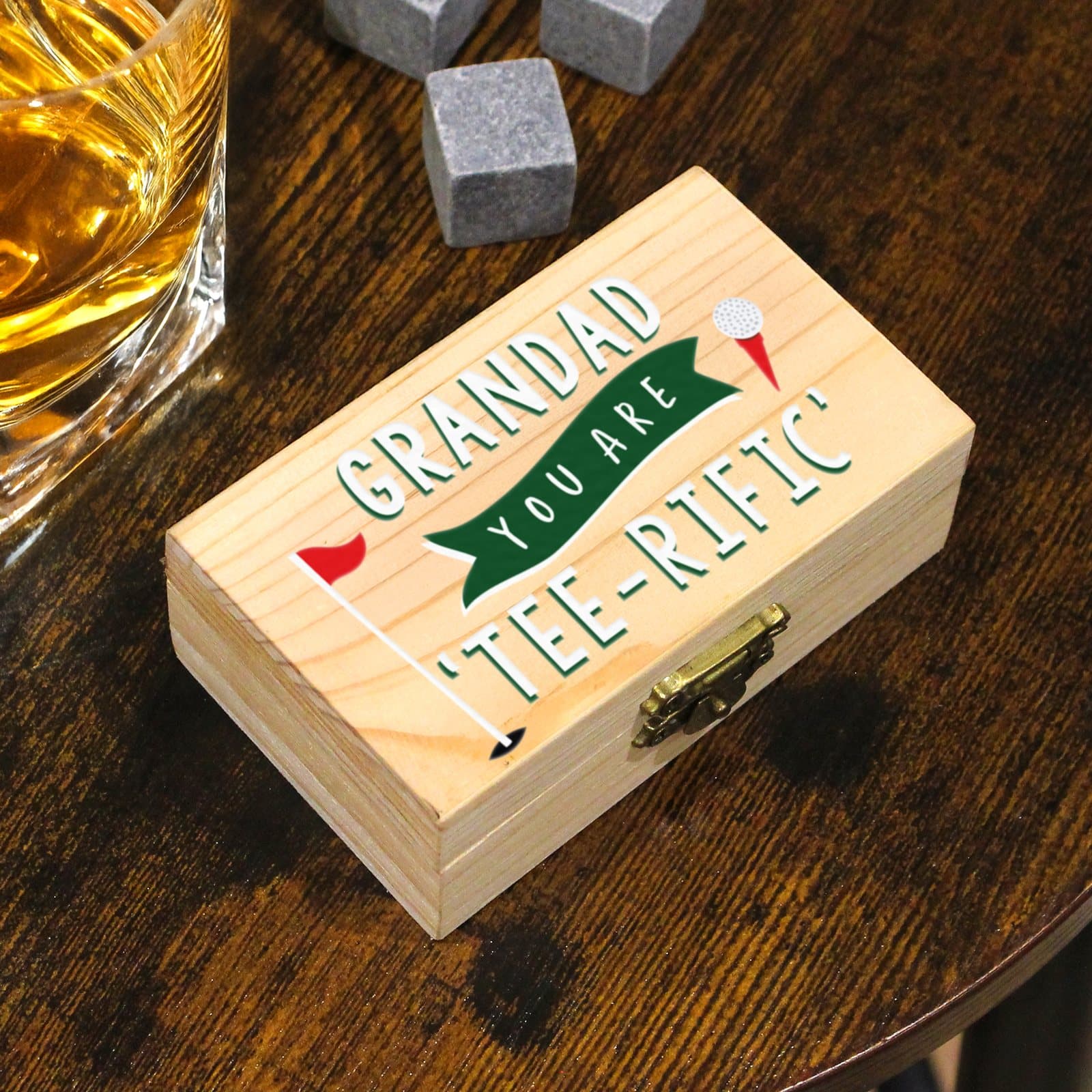 Golf whisky stones set in a wooden clasp locked box