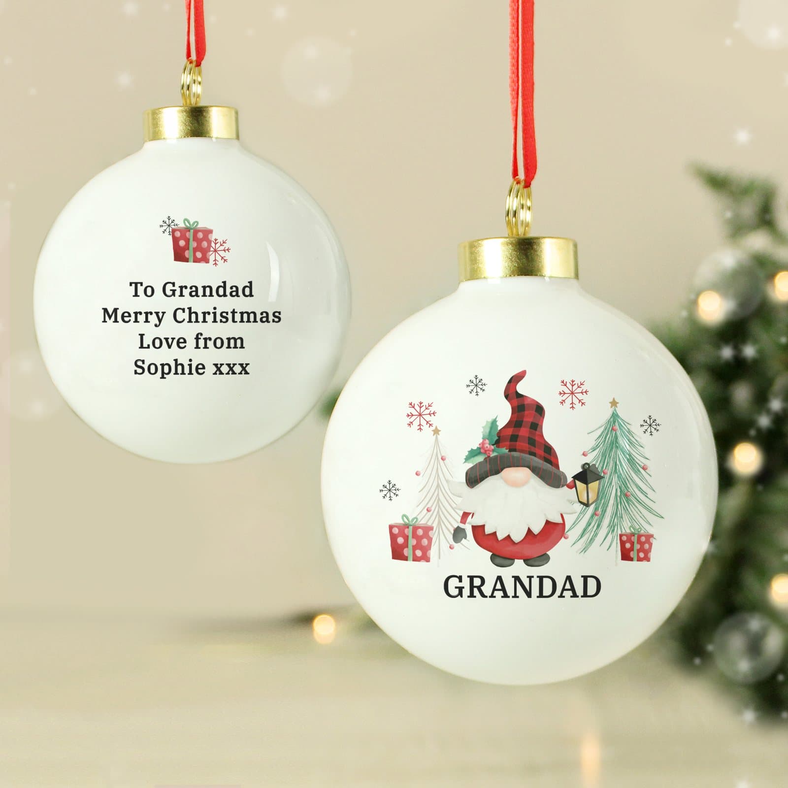 Personalised Gonk Christmas bauble with ribbon